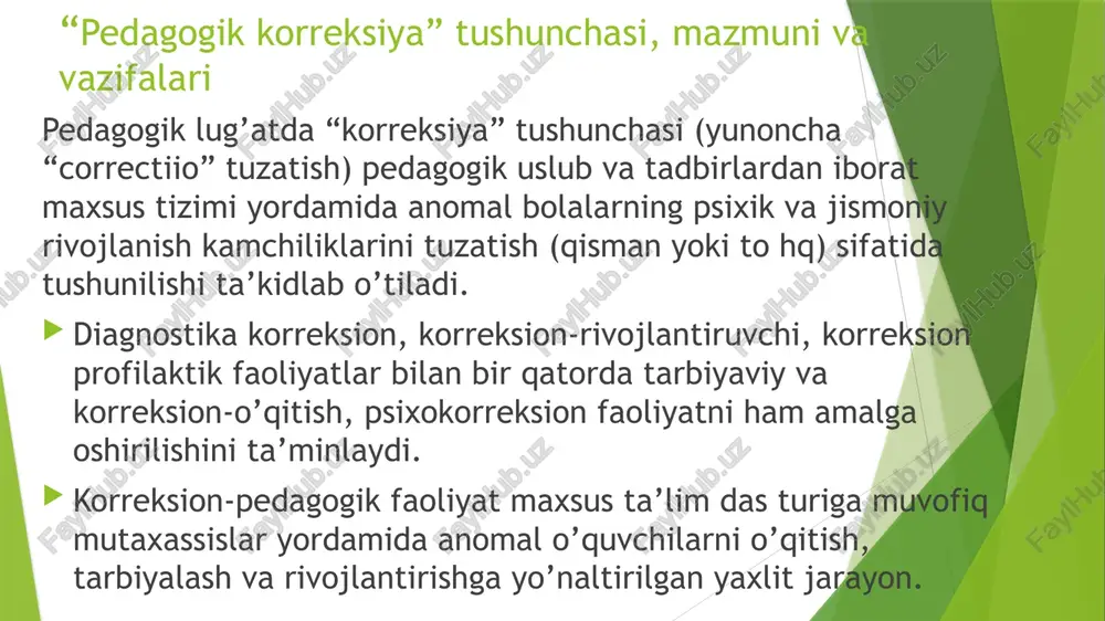 ik mavjud emas”. pedagogning bunday qobiliyati uning faoliyatini maʼlum darajada badiiy ijodga yaqinlashtiradi, bunday qobiliyat boshqalar koʻra olmaydigan narsalarni koʻra olishni nazarda tutadi. korreksion pedagogikada oʻqituvchi bilan oʻquvchining bir-birini mutanosib ravishda tushunishi favqulodda muhimdir. bu oʻquv tarbiya jarayonini korreksiyalash imkonini beradi. taʼlim jarayonida oʻzaro toʻgʻri tushunishni tashkil qilishda muhim rolni emotsional empatik va identifikatsiyalash oʻynaydi. oʻzini bola bilan emotsional birlashtirish, uning hissiyoti va fikrlari bilan yashash, bu demak, uning fikrlari va qaysilarini adekvat tushunish – hayotda murakkab vazifa a.s.makarenko xuddi ana shunday koʻnikmani egallashga chaqirgan edi. kichik maktab yoshidagi bolalarga taʼlim berish va ular faoliyatini korreksiyalashda ularning yosh xususiyatlari va imkoniyatlarini hisobga olgan holda, quyidagi metodlardan foydalaniladi: koʻrgazmali metod ogʻzaki metod amaliy metod oʻyin metodi musobaqa metodi ko’rgazmali metod-bu hissiy idrok va harakat sezgilarining yorqinligini ta’minlaydi. ular bolalarda sensor qobiliyatini rivojlanishini faollashtiruvchi harakat ekanligi haqida juda to’liq va aniq tasavvurning xosil bo’lishi uchun zarurdir. og’zaki metod-bu metod bolalar ongiga yo’naltirilgan, …