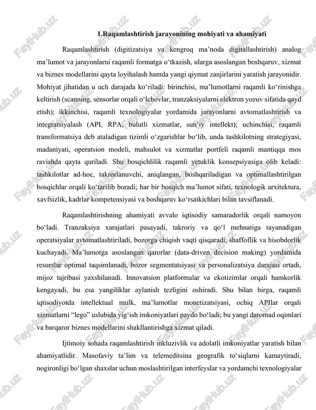 xsiy ma’lumotlarni himoya qilish, rozilikni boshqarish, ma’lumotni minimallashtirish, saqlash muddati va yo‘q qilish siyosatlari ishonch mexanizmlaridir. ochiq ma’lumotlar uchun aniq litsenziyalar, sifat va yangilanish chastotasi, kataloglashtirish (data catalog) va izohlaydigan hujjatlar talab etiladi. algoritmik adolat va tushuntiriluvchanlik (xai) ijtimoiy qabulni oshiradi; auditorlik izlari, mustaqil baholash va etik qo‘mitalar esa javobgarlikni kuchaytiradi. raqamlashtirishning tarmoqlar bo‘yicha ta’siri keng. sanoatda sanoat 4.0 konsepsiyasi kiber-fizik tizimlar, raqamli egizaklar va aqlli sensorikaga tayangan holda ishlab chiqarishning moslashuvchanligini oshiradi, nosozliklarni oldindan bashorat qilishga imkon beradi. logistikada wms/tms, rfid va real vaqt kuzatuvi ta’minot zanjiri shaffofligini kuchaytiradi. bank-moliyada ochiq apilar, raqamli to‘lovlar, kyc/aml avtomatlashtirish xavfsizlik va mijoz tajribasini yaxshilaydi. ta’limda lms, oer va adaptiv o‘qitish raqamli ko‘nikmalarni rivojlantirishga xizmat qiladi. sog‘liqni saqlashda elektron tibbiy yozuvlar (ehr/emr), telemeditsina, tarmoqaro integratsiya standartlari klinik qarorlarni qo‘llab-quvvatlaydi. qishloq xo‘jaligida dronlar va iot sensorlari hosildorlikni oshiradi, suv tejamkorligini ta’minlaydi; “aqlli shahar” loyihalari energetika, transport, xavfsizlik va ekologik monitoringni uyg‘unlashtiradi. natijadorlikni baholash uchun …