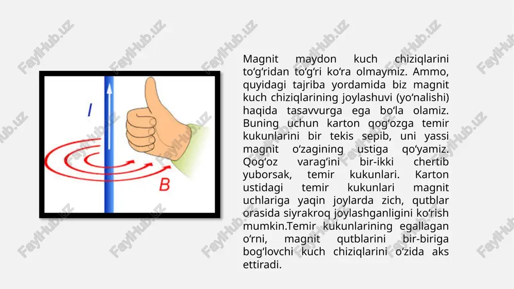 xulosa xulosa shuki ikkita magnit strelkasi bir-biriga yaqinlashtirilsa, ularning ikkalasi ham burilib, qarama-qarshi qutblari bir-biriga ro‘para kelib to‘xtaudi. bu hol magnitlangan jismlar orasida o‘zaro ta’sir kuchlari mavjudligini anglatadi. ta’sir kuchlari esa, maydon kuch chiziqlari orqali tafsiflanadi. magnit maydon induksiyasining birligi qilib xbsda serbiya fizigi nikola teslaning sharafiga tesla (t) deb atash qabul qilingan.magnit maydon modda emas, balki alohida zarralardan mujassamlangan moddadan tamomila farqli ravishda, materiyaning fazoda uzluksiz mavjud bo'lgan turidir. foydalanilgan adabiyotlar 1. internet tarmoqlari 2. vikipendiyalar 3. ziyo.net 4. lex.uz 5. wikipendiya e’tiboringiz uchun raxmat image1.png image2.jpeg image3.jpeg image4.jpeg image5.jpeg image6.jpeg image12.png image7.jpeg image8.png /docprops/thumbnail.jpeg
