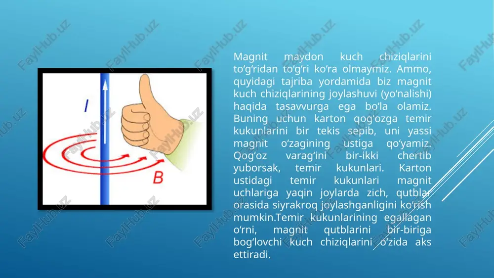 xulosa xulosa shuki ikkita magnit strelkasi bir-biriga yaqinlashtirilsa, ularning ikkalasi ham burilib, qarama-qarshi qutblari bir-biriga ro‘para kelib to‘xtaudi. bu hol magnitlangan jismlar orasida o‘zaro ta’sir kuchlari mavjudligini anglatadi. ta’sir kuchlari esa, maydon kuch chiziqlari orqali tafsiflanadi. magnit maydon induksiyasining birligi qilib xbsda serbiya fizigi nikola teslaning sharafiga tesla (t) deb atash qabul qilingan.magnit maydon modda emas, balki alohida zarralardan mujassamlangan moddadan tamomila farqli ravishda, materiyaning fazoda uzluksiz mavjud bo'lgan turidir. foydalanilgan adabiyotlar 1. internet tarmoqlari 2. vikipendiyalar 3. ziyo.net 4. lex.uz 5. wikipendiya e’tiboringiz uchun raxmat image1.png image2.jpeg image3.jpeg image4.jpeg image5.jpeg image6.jpeg image12.png image7.jpeg image8.png /docprops/thumbnail.jpeg