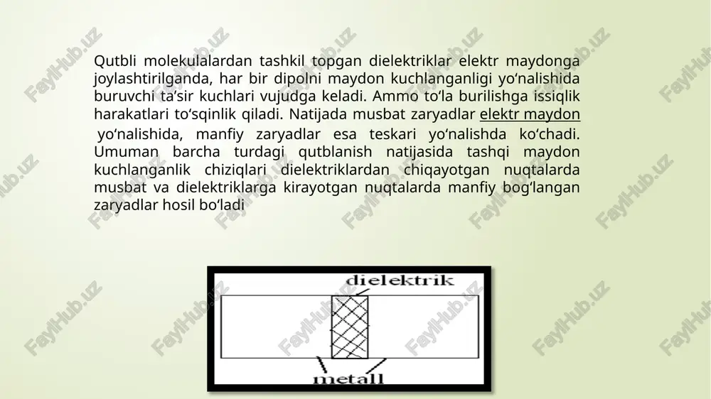 anfiy ishorali erkin zaryad paydo boʻladi. oʻtkazgich ichida hech qanday erkin zaryad boʻlmagani uchun elektrostatik maydon ham boʻlmaydi. tegashli oʻlchov asboblarini tashqi elektr maydon taʼsiridan saklashda shu xususiyatdan foydalaniladi. foydalanilgan adabiyotlar 1. lex.uz , strategy.uz sayti 2. fizika adabiyotlari 3. vikipendiyalar 4. ziyo.net e’tiboringiz uchun raxmat image1.png image2.png image3.jpeg image4.jpeg image5.png image6.jpeg /docprops/thumbnail.jpeg