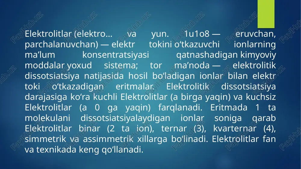 lekulalari bilan ionlar o'rtasida ishqalanish kuchi vujudga keladi. hosil bo'layotgan ishqalanish kuchining kattaligi (3) formula orqali aniqlanadi. elektroliz jarayoni xulosa xulosa shundan iboratki bizga ma'lumki odatdagi sharoitda distirlangan suv o'zidan elektrni deyarli o'tkazmaydi. bunga sabab suvning elektrik sig'diruvchanligi e=81 teng bo'lib juda katta. suv molekulasini tashkil etgan musbat va manfiy zaryadlar kuchli dipol ko'rinishda. "+" va "-" zaryadlarning yig'indisiga dipol deyiladi. tuzlar, kislotalar va ishqorlarni suvdagi eritmasiga elektrolitlar deyiladi. elektrolitlardagi elektr tokini hosil bo'lishini quyidagi tajriba asosida ko'rib chiqamiz. toza distirlangan suvni idishga solib unga elektrodlar tushirilgan bo'lsin. elektrodlar tok manbaiga ulangan bo'lib elektrolit orqali elektr toki o'tganda moddaning kimyoviy parchalanishi va ularning elektrodlarda ajralib chiqishi elektrolit deyiladi. elektrolit hodisasini toza metallar olishda fydalinadi foydalanilgan adabiyotlar lex.net. wikipendiya ta’lim uz fizika 10-sinf kitobi e’tiboringiz uchun raxmat image6.jpeg image7.jpeg image8.jpeg image9.png image10.png image11.png image12.png image2.png image3.png image4.png image5.png /docprops/thumbnail.jpeg