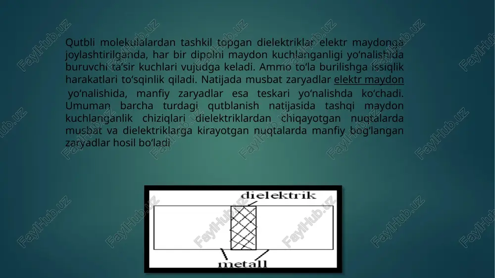 anfiy ishorali erkin zaryad paydo boʻladi. oʻtkazgich ichida hech qanday erkin zaryad boʻlmagani uchun elektrostatik maydon ham boʻlmaydi. tegashli oʻlchov asboblarini tashqi elektr maydon taʼsiridan saklashda shu xususiyatdan foydalaniladi. foydalanilgan adabiyotlar 1. lex.uz , strategy.uz sayti 2. fizika adabiyotlari 3. vikipendiyalar 4. ziyo.net e’tiboringiz uchun raxmat image6.png image7.png image8.jpeg image9.jpeg image10.png image11.jpeg image2.png image3.png image4.png image5.png /docprops/thumbnail.jpeg