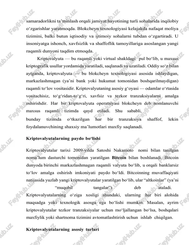 ologiyani tushunishdagi murakkablik. ko‘plab davlatlar kriptovalyutalarni tan olish yoki nazorat qilish borasida turlicha yondashuvni qo‘llamoqda. ayrim mamlakatlar, masalan, yaponiya, aqsh va shveysariya ularni qonuniy to‘lov vositasi sifatida qabul qilgan bo‘lsa, boshqalar, masalan, xitoy ularni cheklagan. shunga qaramay, kriptovalyutalar global miqyosda tobora kengroq qo‘llanilmoqda. ular hozirda nafaqat to‘lov vositasi, balki investitsiya, jamg‘arma, va texnologik innovatsiya manbai sifatida ham muhim o‘rin tutadi. kriptovalyutalar raqamli iqtisodiyotning ajralmas qismiga aylanib bormoqda. ular insoniyatga erkin, shaffof va markazlashmagan moliya tizimini yaratish imkoniyatini bermoqda. kelajakda bu soha yanada rivojlanib, butun dunyo moliya tizimini tubdan o‘zgartirishi kutilmoqda. blokcheyn texnologiyasi va kriptovalyutalar bugungi raqamli davrning eng muhim innovatsiyalaridan biridir. ular nafaqat moliyaviy tizimni, balki axborot almashinuvi, davlat boshqaruvi, sog‘liqni saqlash, logistika kabi sohalarni ham tubdan o‘zgartirmoqda. biroq, har qanday yangi texnologiya singari, blokcheyn va kriptovalyutalarning ham kuchli jihatlari bilan birga ayrim zaif tomonlari mavjud. quyida ularning asosiy afzalliklari va kamchiliklarini tahlil qilib chiqamiz. blokcheyn texnologiyasining afzalliklari 1. shaffoflik …