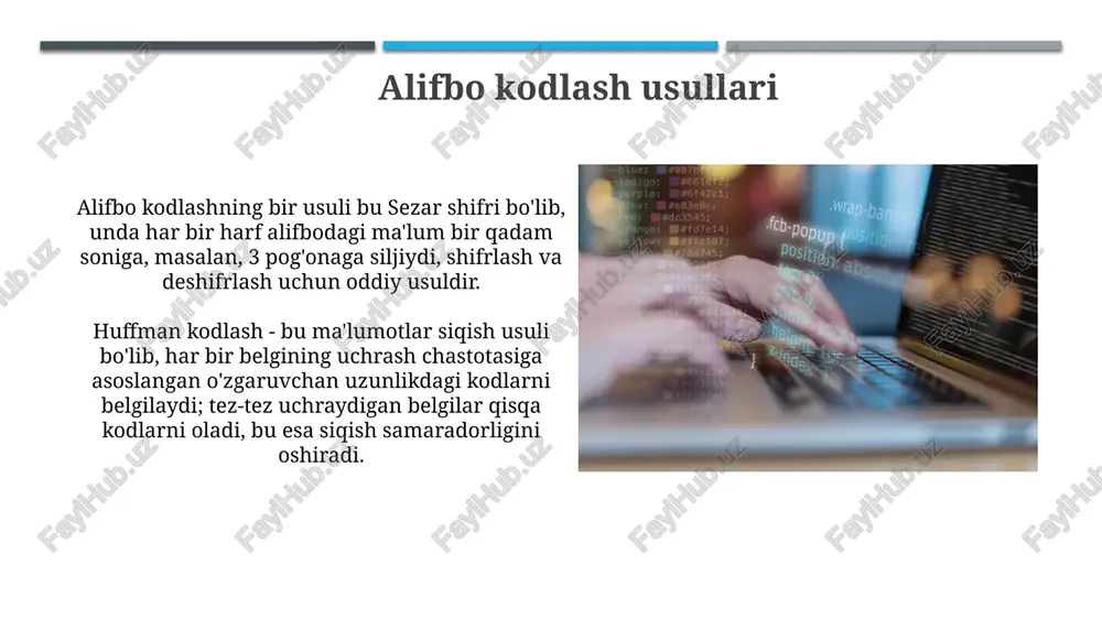sqacha taqqoslash keltiring. savol-javob sessiyasida kodlash algoritmlari (masalan, huffman kodlash) qanday 256 ta belgidan iborat ascii jadvali bilan ishlashini va uni unicode'ga qanday moslashtirish mumkinligini muhokama qiling. e'tiboringiz uchun rahmat image1.png image2.jpg image3.jpg image4.jpg image5.jpg image6.jpg image7.jpg image8.jpg image9.jpg image10.jpg image11.jpg image12.jpg image13.jpg image14.jpg image15.jpg image16.jpg image17.jpg image18.jpg