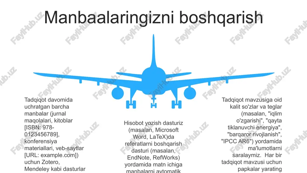 ce, pubmed – tibbiyot adabiyoti uchun) tizimli qidiruv orqali kalit so'zlar (masalan, "rivoyat tuzilmasi", "postmodern adabiyoti", "yevropa ittifoqida iqlim o'zgarishi iqtisodiyoti") yordamida tegishli maqolalar topiladi turli manbalardan (masalan, braziliyadan sifatli tadqiqotlar, buyuk britaniya aholini ro'yxatga olish hisobotlaridan miqdoriy ma'lumotlar) topilmalarni umumlashtirish metodologiya va subyektivliklarni tanqidiy baholashni talab qiladi ma'lumotlar bazalarida (masalan, jstor, web of science, pubmed – tibbiyot adabiyoti uchun) tizimli qidiruv orqali kalit so'zlar (masalan, "rivoyat tuzilmasi", "postmodern adabiyoti", "yevropa ittifoqida iqlim o'zgarishi iqtisodiyoti") yordamida tegishli maqolalar topiladi turli manbalardan (masalan, braziliyadan sifatli tadqiqotlar, buyuk britaniya aholini ro'yxatga olish hisobotlaridan miqdoriy ma'lumotlar) topilmalarni umumlashtirish metodologiya va subyektivliklarni tanqidiy baholashni talab qiladi plagiatdan qochish adabiyotlar faylini referatlarni boshqarish dasturi (masalan, zotero, mendeley) yordamida tuzing. referatlarni muallif familiyasi bo'yicha alifbo tartibida joylashtiring, maqolalar pdflarini mavzu bo'yicha papkalarga (masalan, "iqlim o'zgarishining ta'siri", "barqaror qishloq xo'jaligi") saqlang bir nechta manbalardan ma'lumotni umumlashtirib, faqat bitta fikrga tayanmaslik. garvard va oksford universitetlari tadqiqotlaridagi qarama-qarshiliklarni qayd …