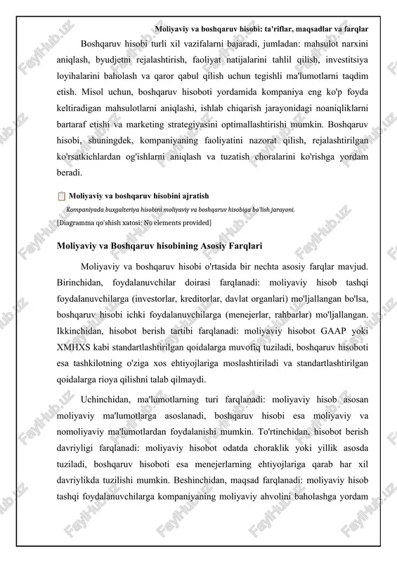 iyaviy hisobot standartlari (xmhxs) asosida tuziladi va moliyaviy hisobotlarning to'g'riligini ta'minlash uchun tashqi auditorlar tomonidan tekshiriladi. moliyaviy hisob ma'lumotlari tarixiy xarakterga ega bo'lib, o'tmishdagi operatsiyalarni aks ettiradi. u butun tashkilot uchun yig'ilgan ma'lumotlarni taqdim etadi va batafsil bo'linmalar yoki mahsulot liniyalari haqida ma'lumot bermaydi. moliyaviy hisobda asosiy e'tibor ob'ektivlik va tekshirishga qaratilgan bo'lib, ma'lumotlar ishonchli manbalarga asoslanishi va mustaqil tekshiruvdan o'tishi kerak. misol uchun, yillik moliyaviy hisobotga balans, daromad to'g'risidagi hisobot, pul oqimlari to'g'risidagi hisobot va o'z kapitali o'zgarishi to'g'risidagi hisobot kiradi. ushbu hisobotlar kompaniyaning moliyaviy holatini baholash uchun asosiy vosita hisoblanadi. 📋 moliyaviy va boshqaruv hisobini ajratish bu jarayon buxgalteriya hisobini moliyaviy hisob va boshqaruv hisobiga ajratishni o'z ichiga oladi. [diagramma qo'shish xatosi: no elements provided] boshqaruv hisobi: ichki qarorlarni qo'llab-quvvatlash boshqaruv hisobi, moliyaviy hisobdan farqli o'laroq, kompaniyaning ichki menejerlari uchun mo'ljallangan. uning asosiy maqsadi menejerlarga rejalashtirish, nazorat qilish, qaror qabul qilish va faoliyatni baholashda yordam berish uchun tegishli …