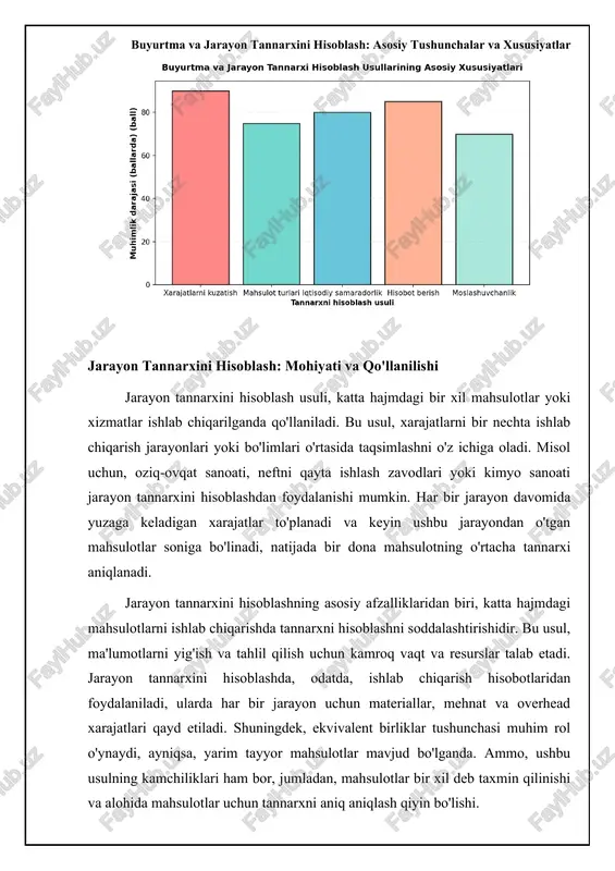 uchun ekvivalent birliklarni hisoblashdagi farq 2% ekvivalent birliklarni hisoblashdagi o'rtacha farq, bu esa tannarxining aniqligiga ta'sir qilishi mumkin. tannarxni hisoblash usullarini tanlash: qaror qabul qilish mezonlari tannarxni hisoblash usulini tanlash, kompaniyaning biznes modeliga, ishlab chiqarish jarayoniga va boshqaruvning ma'lumotlarga bo'lgan ehtiyojiga bog'liq. agar kompaniya mijozning maxsus talablari asosida mahsulotlar ishlab chiqarsa, buyurtma tannarxini hisoblash eng mos usul bo'ladi. agar kompaniya katta hajmdagi bir xil mahsulotlar ishlab chiqarsa, jarayon tannarxini hisoblash maqsadga muvofiqdir. gibrid tannarxini hisoblash esa, yuqoridagi ikkala holatning elementlarini o'zida mujassam etgan hollarda qo'llaniladi. boshqa omillarga ma'lumotlarni yig'ish va tahlil qilish uchun sarflanadigan xarajatlar, boshqaruvning aniq tannarx ma'lumotlariga bo'lgan ehtiyoji va kompaniyaning texnologik imkoniyatlari kiradi. kichik kompaniyalar, ma'lumotlarni yig'ish va tahlil qilish uchun cheklangan resurslarga ega bo'lgani uchun, jarayon tannarxini hisoblashni afzal ko'rishlari mumkin. kattaroq kompaniyalar esa, ko'proq ma'lumotlar va texnologik imkoniyatlarga ega bo'lgani uchun, buyurtma yoki gibrid tannarxini hisoblashni qo'llashlari mumkin. oxir-oqibat, tannarxni hisoblash usulini tanlash, kompaniyaning o'ziga …
