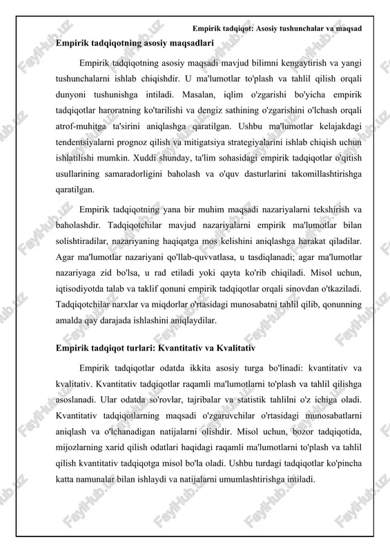 'lishi mumkin. agar namunaning hajmi kichik bo'lsa yoki u ma'lum bir guruhni ifodalamasa, natijalarni umumlashtirish qiyin bo'ladi. nihoyat, empirik tadqiqotlar subyektiv xatolarga ham moyil bo'lishi mumkin. tadqiqotchilar ma'lumotlarni talqin qilishda yoki tahlil qilishda xatolarga yo'l qo'yishlari mumkin, bu esa noto'g'ri xulosalarga olib kelishi mumkin. empirik tadqiqot: asosiy tushunchalar va maqsad empirik tadqiqot: ta'rif va asosiy xususiyatlar empirik tadqiqot – bu real dunyodagi tajriba va kuzatuvlarga asoslangan bilim olish usulidir. uning asosiy maqsadi mavjud farazlarni sinash yoki yangi g'oyalarni shakllantirish uchun ma'lumot to'plash va tahlil qilishdan iborat. empirik tadqiqot, odatda, aniq savol yoki muammoga javob topishga qaratilgan bo'lib, u qat'iy metodologiya va sistematik yondashuvni talab qiladi. bunday tadqiqotlar natijalari ob'ektiv va ishonchli bo'lishi uchun reproduktivlik va tekshiruvchanlik kabi muhim xususiyatlarga ega bo'lishi kerak. empirik tadqiqot tabiiy fanlar, ijtimoiy fanlar va amaliy fanlar kabi turli sohalarda keng qo'llaniladi. empirik tadqiqotning asosiy xususiyatlaridan biri – uning ma'lumotlarga asoslanganligidir. ma'lumotlar turli shakllarda bo'lishi mumkin: …