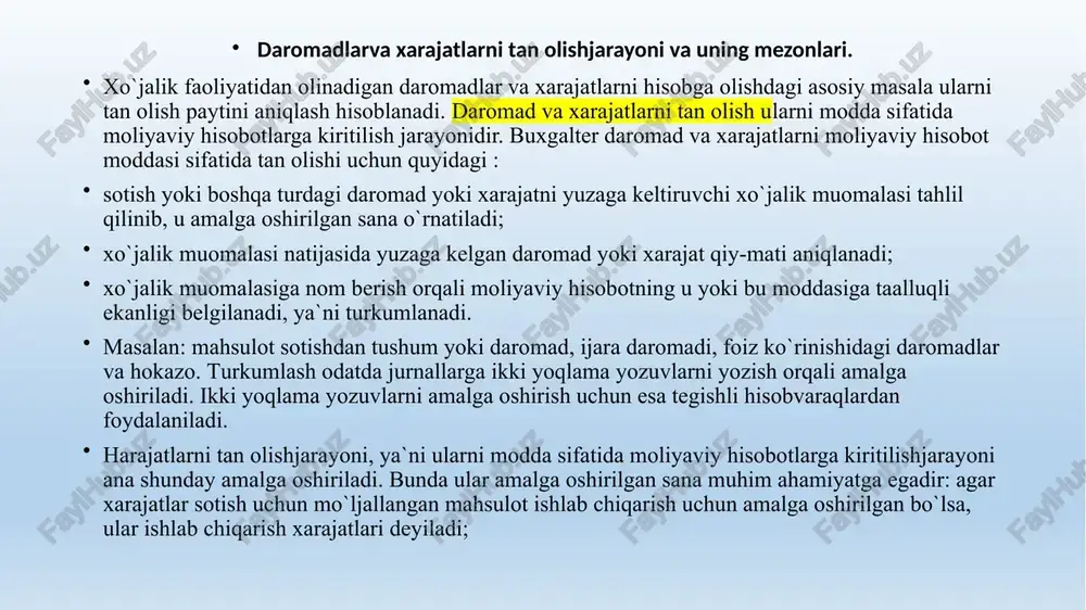 anishi, ularni tan olish jarayoni hamda tamoyillarining xususiyatlari amalda daromad vaxarajatlarni tan olishning turlicha usullaridan foydalanishni belgilab beradi. daromad va xarajatlarni tan olish usullari asosan iqtiso-diyotning turli xil sohalari xususiyatlaridan kelib chiqib mahsulot yoki tovarni jo`natish, bajarilgan ishlarni topshirish payti bilan belgilanadi. daromadlarni tan olishning turlicha holatlarini quyidagicha tasniflash mumkin: 1. mahsulotniyoki tovarni jo`natish payti (sotish payti)da tan olingan daromad; 2. mahsulot yoki tovarni jo`natish paytidan keyin tan olingan daromad; 3. mahsulot yoki tovarni jo`natgunga qadar tan olingan daromad. daromadlarni tan olish bo`yicha keltirilgan uchta holatning har birining o`ziga xos jihatlari mavjud bo`lib, ana shu jihatlari daromadlarni hisobga olish tartibini belgilab beradi. 1) mahsulotni yoki tovarni jo`natish paytida daromadni tan olish. mahsulotni yoki tovarni jo`natish paytida daromadni tan olishning quyidagi usullari mavjud: kassa usuli hisoblash usuli kassa usuli daromadni tan olishning ikkala shartlari - shartnomani bajarish va tushum olish mavjud bo`lgan hollarda qo`llaniladi. daromadni tan olishning ikkala sharti ham odatda …