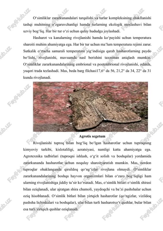 gi ham ularning rivojlanishiga jiddiy taʼsir koʻrsatadi. mas, oʻsimlik bitlari oʻsimlik shirasi bilan oziqlanadi, ular ajratgan shira chumoli, yaydoqchi va baʼzi pashshalar uchun oziq hisoblanadi. oʻsimlik bitlari bilan yirtqich hasharotlar (qoʻngizlar, vizildoq pashsha lichinkalari va boshqalar), ular bilan turli hasharotxoʻr qushlar, bular bilan esa turli yirtqich qushlar oziqlanadi. oʻsimliklar zararkunandalarining koʻpayishida oziqning koʻpligi va tarkibi, obhavo sharoiti, yirtqichlar, parazitlar, kasalliklar taʼsiri va boshqalar muhim rol oʻynaydi. bir joyda muttasil bir xil ekin ekish (yakka ziroatchilik) shu oʻsimlik bilan oziqlanadigan zararkunandalarning koʻpayib ketishi uchun qulay sharoit yaratadi. mas, eski bedapoyalarning oʻz vaqtida haydalmasligi ularda beda barg filchasining koʻpayib ketishiga sabab boʻlishi mumkin. oʻsimliklarni zararkunanda hasharotlardan himoya qilishda fenolo 2-reja: zararlangan inshootlarda hasharotlarning zarar mexanizmi va belgilari qurilish inshootlariga zarar yetkazuvchi hasharotlar faqat materiallarni yemirishi bilan cheklanmaydi, balki binoning ichki tuzilishini, mustahkamligini va binoda yashovchi odamlar uchun qulay sharoitni ham buzadi. har bir hasharot turi o‘ziga xos zarar mexanizmi va ko‘rinadigan belgilar …