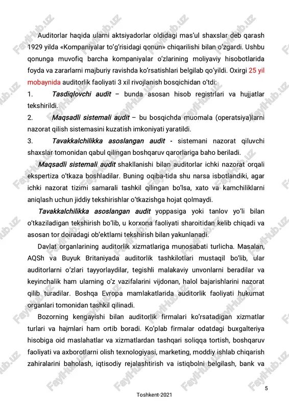 illar sabab bo’lgan:  jahon iqtisodiyotida baynalminallashish tendentsiyalarining kuzatilishi;  biznes va savdo-sotiqning rivojlanishi;  ko’p millatli korporativ operatsiyalarning kengayishi;  pul mablag’larini samarali nazorat qilishga intilish;  davlat nazoratining kuchaytirilishi va chet el inves- titsiyalarining boshqarilishi. buxgalter-auditorlarning professional tashkilotlari jahonning ko’p mamlakatlarida tuzilgan. jumladan buyuk britaniyada angliya va uels mamlakatlarida mustaqil buxgalterlar instituti tashkil qilingan bo’lsa, aqshda diplomli va diplomsiz jamoatchi buxgalterlarning buxgalter-auditorlar jamiyati, germaniyada auditorlar palatasi va auditorlar instituti faoliyat ko’rsatmoqda. barcha auditorlik firmalari, xizmatlari o’z faoliyatlarida «xalqaro audit normalari va qo’shimcha ishlar nizomi» dan foydalanadilar. tashqi audit bilan birga ko’pchilik korxonalarda ichki audit yo’lga qo’yilgan bo’lib, ular ishlab chiqarish xarajatlarining darajasi, rentabellik, tejamkorlik, maqbul rejimga rioya qilish va ko’rsatiladigan xizmatlarning yuqori sifatliligi ustidan nazorat qiladilar. firmalarning, shu jumladan auditorlik firmalarining ham bozorda mustahkam o’rin topishida ularning mahsulot (ish, xizmat)larining sifati muhim ahamiyatga ega. har bir korxona va har bir tadbirkor ular xo’jalik yuritadigan sohada amalga oshiriladigan muomalalarni …