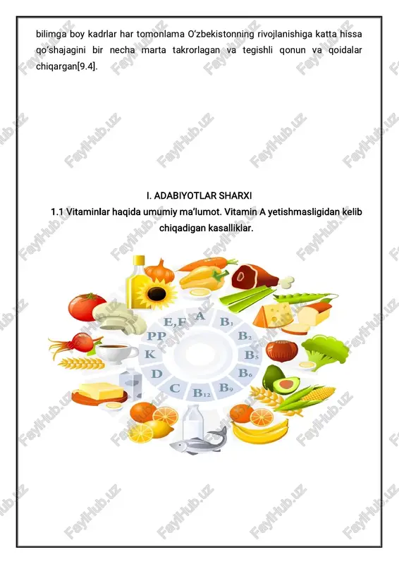 astaliklarning kelib chiqishiga sharoit tug‘iladi. quyida biz ushbu vitaminlarning qanday mahsulotlar va shifobaxsh o‘simliklarda bo‘lishi haqida fikr yuritamiz. a vitamini. agar inson organizmida bu vitamin kamayib ketsa, uning ko‘rish qobiliyati pasayadi, jumladan, qorong‘i bo‘lganda ko‘ra olmay qoladi. shabko‘rlik ham organizmda ana shu vitamin etishmasligi natijasida paydo bo‘lishi aniqlangan. bundan tashqari, a vitamini etishmasligi oqibatida kishi tanasi sho‘rlaydi, sochlar tagi qurib ketadi, tirnoq esa yumshab qoladi. bu vitamin ko‘proq sabzi, pomidor, ko‘k no‘xat, qovun, apelsin hamda sut mahsulotlarida bo‘ladi. b1 vitamini va uning guruhi kamayib ketsa, kishida parishonxotirlik ro‘y beradi, xotira pasayadi, asablari tez shamollaydigan bo‘lib qoladi va ishtahasi bo‘g‘iladi. bu darmondori go‘ja osh, suli, arpa non, qo‘y go‘shti va yana boshqa bir qator mahsulotlarda bo‘ladi[2.5]. b2 vitamini inson organizmida kamayib ketsa, ko‘z yoshlanaveradi, kamqonlik kelib chiqadi, kishi darmonsizlanadi, lablari bichilib ketadigan bo‘lib qoladi, lablar ustida ajinlar ham paydo bo‘ladi. u tuxum, qo‘y go‘shti, xamirturush va pishloqda bo‘ladi. b6 vitamini organizmda …