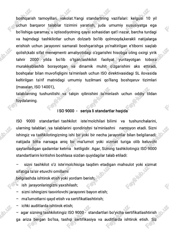 lgk 1 76 iso 9000 seriyali standartlarning dastlabki 5 (besh) tasini ishlab chiqgan. bundan tash- qari, sifatni ta'minlash sohasida uch tilda atamalar va ularning tushunchalari lug’ati hamda iso 8402 - standarti ham ishlab chiqilgan. iso 9000 - seriyali stan dartlarni ng tuzilishi 4.4 - rasmda kelti rilgan. 9000 seriyali standartlarni tanlash boyicha qo`llanma (iso 9000-87) (kontrakt bilan bog’liq bo’lmagan shartlar) (kontrakt bilan bog’liq shartlar) 9000 - seriyali iso xalqaro standartlari majmuining tuzilishi iso 9000 - seriyali standartlarda sanoatda va xizmat ko’rsatish (bank ishi, shifoxonalar, mehmonxonalar, restoranlar va h.k...) sohalarida sifatni boshqarishning umumiy dasturlarini yaratish bo’yicha asosiy talablar belgilangan. iso 9000 - seriyali stan dartlarda muayyan harakatlarga bog’liq holda talab etiladigan sifat tizimini tanlash bo`yicha tavsiyanomalar berilgan. masalan, loyihalash jarayonining murakkablik darajasi, loyihaning tugallanganligi (mahsulotni sinash yoki ishlatish natijalari bo’yicha), ishlab chiqarish jarayonining murakkabligi (yangi jarayonlarning ishlanmalaridan foydalanish imkoniyati, ularning miqdori, turli - tumanligi va h.k..), buyumning tavsiflari, ekologik omillar u …