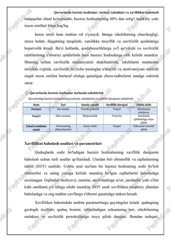 xtsiz hodisalar: turlari, sabablari va xavflilikni baholash quvurlarda baxtsiz hodisalarning oldini olish bo'yicha asosiy choralar quduqlarda baxtsiz hodisalarning oldini olish, xavfsizlik qoidalariga qat'iy rioya qilish va yaxshi texnik xizmat ko'rsatishni talab qiladi. birinchi navbatda, quduqlarni loyihalashtirish va qurish jarayonida xavfsizlik standartlariga amal qilish zarur. bu, quvurlarni yetarli darajada mustahkam qilish, bosimni to'g'ri boshqarish va xavfsizlik klapanlarini o'rnatishni o'z ichiga oladi. bundan tashqari, quduqning holatini muntazam ravishda tekshirib turish va har qanday nuqsonlarni tezda bartaraf etish muhimdir. ishchi xodimlarni xavfsizlik bo'yicha to'liq o'qitish, jumladan, shaxsiy himoya vositalaridan (shhv) foydalanish va favqulodda vaziyatlarda harakat qilish tartibi, baxtsiz hodisalarning oldini olishda katta rol o'ynaydi. texnik xizmat ko'rsatish rejasi, quduqning barcha jihozlarining holatini doimiy ravishda nazorat qilib turishni va ularni vaqtida ta'mirlash yoki almashtirishni o'z ichiga olishi kerak. korroziyani nazorat qilish, quduq boshini tekshirish va nasos uskunalarini muntazam sozlash kabi profilaktika choralari quduqlarning xavfsiz ishlashini ta'minlaydi. statistik ma'lumotlarga ko'ra, yaxshi rejalashtirilgan texnik xizmat ko'rsatish …