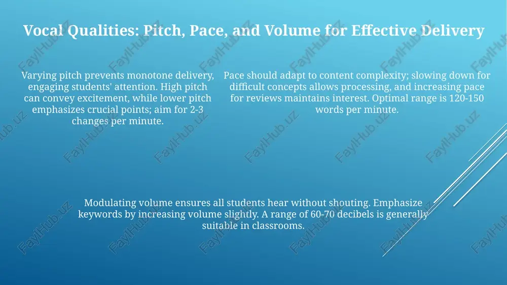 atural balance. this helps internalize vocal flexibility and engage students more effectively. use the "mirroring" technique; during practice sessions, mimic the tone of effective speakers. focus on matching their **prosody, rhythm**, and overall vocal delivery for better communication. conclusion: mastering voice and content for teaching excellence consistent self-reflection, analyzing recorded lessons using frameworks like the '7 cs of communication', facilitates ongoing improvement in both vocal delivery and the clarity of content presented. employing techniques like the 'feedback sandwich' – positive comments, constructive criticism, positive comments – can optimize learning, fostering a growth mindset in both educators and students, thus enhancing teaching. employing techniques like the 'feedback sandwich' – positive comments, constructive criticism, positive comments – can optimize learning, fostering a growth mindset in both educators and students, thus enhancing teaching. thank you for your attention @taqdimot_robot