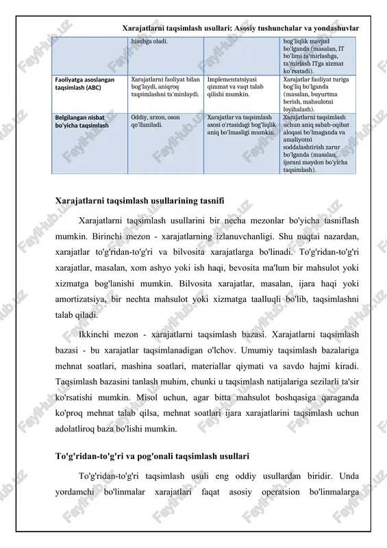 ihalash, buyurtmalarni qayta ishlash va sifat nazorati kabi faoliyatlar bo'yicha xarajatlar taqsimlanishi mumkin. ⚖️ xarajatlarni taqsimlash usullarini solishtirish xarajatlarni taqsimlash usullarini taqqoslash item murakkablik aniqlik ma'lumotlarga bo'lgan talab amaliyotda qo'llanilishi o'zaro taqsimlash usuli o'rtacha past o'rtacha keng faoliyatga asoslangan xarajatlarni taqsimlash (abc) yuqori yuqori yuqori cheklangan xarajatlarni taqsimlash usullari: asosiy tushunchalar va yondashuvlar to'g'ridan-to'g'ri va bilvosita xarajatlarni taqsimlash xarajatlarni taqsimlashning asosiy usullaridan biri ularni to'g'ridan-to'g'ri va bilvosita xarajatlarga ajratishdir. to'g'ridan-to'g'ri xarajatlar bevosita muayyan mahsulot, xizmat yoki loyihaga bog'liq bo'lgan xarajatlardir. masalan, ishlab chiqarishdagi materiallar narxi, ishchilarning ish haqi, agar ular faqat ma'lum bir mahsulot ustida ishlagan bo'lsa. ushbu xarajatlarni taqsimlash oson, chunki ular aniq belgilanadi va ma'lum ob'ektga bog'lanadi. to'g'ridan-to'g'ri xarajatlarni aniqlash va taqsimlashda muammolar kamroq bo'ladi, bu esa hisob-kitoblarni soddalashtiradi va aniqlikni oshiradi. bilvosita xarajatlar, aksincha, bir nechta mahsulot, xizmat yoki loyihalarga tegishli bo'lgan xarajatlardir. bularga ijara to'lovlari, kommunal to'lovlar, boshqaruv xarajatlari va amortizatsiya kiradi. ushbu xarajatlarni taqsimlash qiyinroq, …