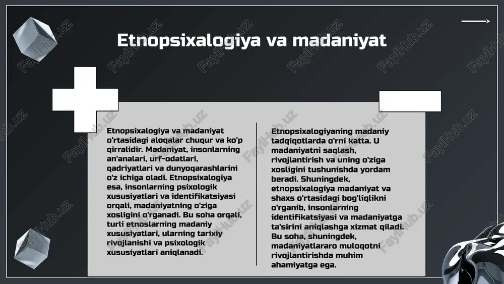 s madaniy atributlarini anglatadi. bu identifikatsiya ularning madaniyatini tanib olish va saqlashda muhimdir. madaniy o'zgarishlar madaniy o'zgarishlar tashqi va ichki omillar ta'sirida yuzaga keladi. ular jamiyatning rivojlanishi va global muhitga moslashuv jarayonidir. madaniy an'analar va psixologik ta'sirlar an'analar odamlarning psixologik holatiga ta'sir qiladi. ular jamiyatda barqarorlik va identifikatsiya uchun muhim rol o'ynaydi. etnopsixalogiya va ijtimoiy munosabatlar etnopsixalogiya ijtimoiy munosabatlarga katta ta'sir ko'rsatadi. bu ta'sir guruh dinamikasi, ijtimoiy identifikatsiya va konflikt hamkorlik kabi elementlarni o'z ichiga oladi. etnik bog'liqliklar va identifikatsiya jarayonlari guruh ichida sadoqatni kuchaytiradi yoki boshqalardan ajratadi. konfliktlar va hamkorliklar esa, ko'pincha, etnik identitet va madaniyatga asoslanadi, bu esa jamiyatdagi muvozanat va rivojlanishga ta'sir qiladi. xulosa etnopsixalogiyaning asosiy maqsadlari: madaniy xususiyatlarni o'rganish, ijtimoiy munosabatlarni tahlil qilish va psixologik jarayonlarni tushunish. ilmiy va amaliy qo'llanilish sohalari: psixologiya, sotsiologiya, antropologiya, madaniyatshunoslik va kundalik hayotdagi muammolarni hal qilish. etnopsixalogiyaning madaniyat va ijtimoiy munosabatlardagi roli: madaniy identifikatsiya, madaniy o'zgarishlar, guruh dinamikasi va konfliktlarni …