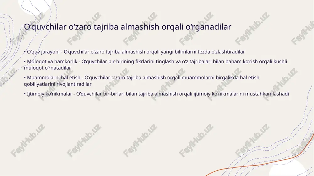 oqot orqali bir-birlaridan yangi fikrlar va bilimlar oladilar. • bilimlarni mustahkamlash - o‘quvchilar o‘zaro muhokama qilib bilimlarini yanada chuqurlashtiradilar va mustahkamlaydilar. muloqot o‘qituvchilar va o‘quvchilar o‘rtasida ishonchni oshiradi • ochiq muloqot - ochiq muloqot o‘qituvchilar va o‘quvchilar o‘rtasida o‘zaro tajriba almashinishni ta'minlaydi • ishonchli munosabatlar - ishonchli munosabatlar o‘qishda samaradorlikni oshiradi va o‘quvchilarning qiziqishini kuchaytiradi • fikr almashish - fikr almashish jarayonida o‘quvchilar o‘z fikrlarini bildirishi va o‘zaro qiyos qilish imkoniyatiga ega bo‘ladilar • ijtimoiy muhit - o‘qituvchilar va o‘quvchilar o‘rtasidagi mustahkam ijtimoiy muhit yangicha bilimlarni o‘zlashtirishga yordam beradi o‘quv jarayonida o‘zaro hamkorlik o‘qituvchilarning professional rivojlanishiga yordam beradi • o‘zaro tajriba almashish - o‘qituvchilar o‘zaro hamkorlik orqali tajribalarini almashish imkoniyatiga ega bo‘ladilar • yangi usullarni o‘rganish - hamkorlik jarayonida yangi ta’lim usullarini o‘rganish va qo‘llash imkoniyatlari paydo bo‘ladi thank you for your attention! image1.jpg image2.jpg image3.png image4.png image5.jpg image6.jpg image7.jpg image8.jpg /docprops/thumbnail.jpeg
