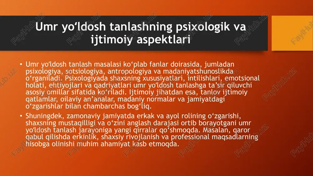 yojlarini qondirishi lozim umr yoʻldosh tanlashda nazariy yondashuvlarning ahamiyati umr yoʻldosh tanlash nazariyasi insonlarning turmushga oid qarorlarini tahlil qilishda, shuningdek, munosabatlarni mustahkamlashda samarali vosita sifatida xizmat qiladi. nazariy yondashuvlar yordamida sheriklar o‘rtasida yuzaga kelishi mumkin bo‘lgan ziddiyatlar oldini olish, munosabatlarni mustahkamlash va barqarorligini ta’minlash mumkin. masalan, psixologik moslik asosida sheriklarni tanlash munosabatlarda yuzaga keladigan ko‘plab nizolarni kamaytiradi, ijtimoiy almashuv nazariyasi esa sheriklarning bir-biriga ko‘rsatadigan yordam va qo‘llab-quvvatlash darajasini oshiradi. biologik omillar biologik omillar umr yoʻldosh tanlashda eng qadimgi va tabiiy asoslardan biridir. inson organizmining tabiiy intilishlari va genetik moslik printsiplari ko‘plab ilmiy tadqiqotlarda ta’kidlanadi. genetik moslik: tadqiqotlarga ko‘ra, turmush o‘rtog‘ini tanlashda genetik xilma-xillik muhim rol o‘ynaydi. masalan, immunitet tizimi (hla genlar to‘plami) mos bo‘lmagan, ya’ni genetik jihatdan farq qiluvchi sheriklar tanlanadi. bu nafaqat genetik jihatdan sog‘lom avlod tug‘ilishiga yordam beradi, balki turmush munosabatlarini mustahkamlaydi. jismoniy joziba: jismoniy joziba va tashqi ko‘rinish insonlarning birinchi bosqichdagi e’tiborini tortadi. ko‘pchilik uchun tashqi chiroy, …