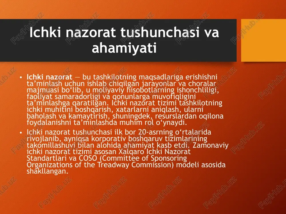 tavsiyalar ishlab chiqadilar. bu hamkorlik natijasida xatoliklar aniqlanishi va ularning oldini olish choralari ko‘rilishi tezlashadi, shu bilan korxona samaradorligi oshadi. ichki nazorat va audit samaradorligini oshirish yo‘llari ichki nazorat va auditning samaradorligini oshirish tashkilotning barqaror rivojlanishi, moliyaviy va operatsion faoliyatining shaffofligi hamda qonunlarga muvofiqligini ta’minlashda muhim ahamiyatga ega. ushbu jarayonlarni samarali tashkil qilish uchun zamonaviy yondashuvlar, texnologiyalar va boshqaruv usullaridan foydalangan holda ularning imkoniyatlarini kengaytirish lozim. axborot texnologiyalarining ichki nazorat va auditdagi o‘rni bugungi kunda axborot texnologiyalari ichki nazorat va audit sohalarini tubdan o‘zgartirmoqda. raqamli vositalar yordamida jarayonlar tezlashadi, sifat va ishonchlilik oshadi. avtomatlashtirilgan nazorat tizimlari: erp (enterprise resource planning), crm (customer relationship management) kabi tizimlar ichki nazorat jarayonlarini avtomatlashtirish va real vaqtda monitoring qilish imkonini beradi. data-analitika va sun’iy intellekt: katta hajmdagi ma’lumotlarni tahlil qilish va anomaliyalarni aniqlash uchun ilg‘or algoritmlar va sun’iy intellektdan foydalanish auditorlar va ichki nazorat xodimlariga katta yordam beradi. bulutli texnologiyalar: ma’lumotlarni bulutli platformalarda saqlash …