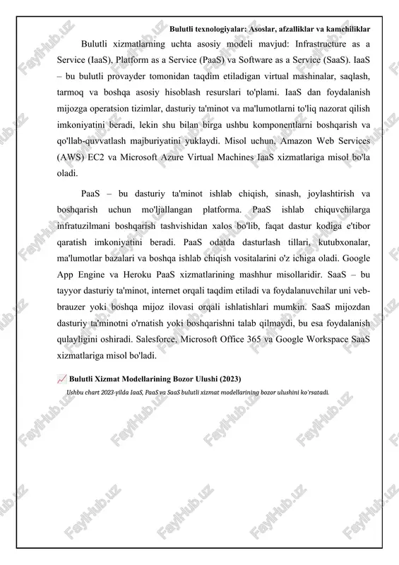 matlardan foydalanish orqali kapital xarajatlaridan (capex) qochishlari mumkin. bulutli xizmatlar odatda to'lov modeliga asoslangan bo'lib, tashkilotlar faqat ishlatgan resurslari uchun to'laydilar, bu esa operatsion xarajatlarni (opex) kamaytirishga yordam beradi. bundan tashqari, bulutli texnologiyalar avtomatlashtirish va boshqarishni soddalashtirish orqali it xodimlarining yukini kamaytiradi. bulutli texnologiyalar tashkilotlarning samaradorligini oshirishga yordam beradi. bulutli xizmatlar resurslarni tez va oson taqdim etish imkoniyatini beradi, bu esa yangi mahsulotlar va xizmatlarni bozorga chiqarish vaqtini qisqartiradi. bundan tashqari, bulutli texnologiyalar xodimlarning hamkorligini yaxshilaydi, chunki ma'lumotlar va ilovalarga har qanday joydan kirish mumkin. deloitte ma'lumotlariga ko'ra, bulutli texnologiyalarni qabul qilgan kompaniyalar operatsion samaradorlikda 20% gacha o'sishga erishgan. 📋 bulutli texnologiyalar va ularning turlari bulutli texnologiyalarning asosiy tushunchalari, afzalliklari va turlarini tushuntirish jarayoni. [diagramma qo'shish xatosi: no elements provided] bulutli texnologiyalarning kamchiliklari: xavfsizlik va qaramlik bulutli texnologiyalarning afzalliklaridan tashqari, ba'zi kamchiliklari ham mavjud. ulardan biri bu – xavfsizlik masalasi. tashkilotlar o'z ma'lumotlarini bulutli provayderga topshirar ekan, ma'lumotlarning xavfsizligi va …