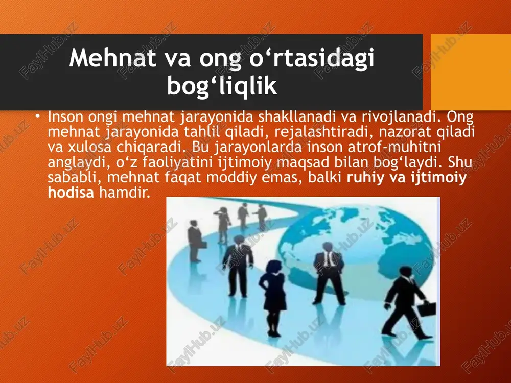 ur darajasi mehnat sifati va innovatsion natijalarni belgilaydi. masalan, muhandis yangi mexanizm yaratishda yoki o‘qituvchi dars metodini takomillashtirishda tafakkur va ijodkorlikni qo‘llaydi. tafakkurning asosiy turlari – analitik, sintetik, ijodiy va tanqidiy tafakkur mehnat jarayonida birgalikda kechadi. inson tafakkuri tajriba, bilim va motivatsiya asosida rivojlanadi xulosa mehnat faoliyati inson hayotining ajralmas qismi bo‘lib, u shaxsning ijtimoiy, aqliy va ruhiy rivojlanishida hal qiluvchi o‘rin tutadi. inson mehnat orqali jamiyatga foyda keltiradi, o‘zining imkoniyatlarini ro‘yobga chiqaradi va shaxs sifatida kamol topadi. mehnat jarayoni — bu nafaqat jismoniy harakatlar majmui, balki murakkab psixik tizim bo‘lib, unda idrok, diqqat, tafakkur, hissiyot, xotira va iroda kabi psixik jarayonlar faol ishtirok etadi. mehnatning psixologik mohiyatini tahlil qilish shuni ko‘rsatadiki, inson faoliyatining samaradorligi ko‘p jihatdan uning ruhiy holati, motivatsiyasi va psixik barqarorligiga bog‘liq. ijobiy hissiyot, kuchli iroda, rivojlangan tafakkur va diqqatning turg‘unligi mehnat sifatini oshiradi, stress va charchoq esa uni pasaytiradi. shu sababli mehnat jarayonida insonning psixologik imkoniyatlarini …