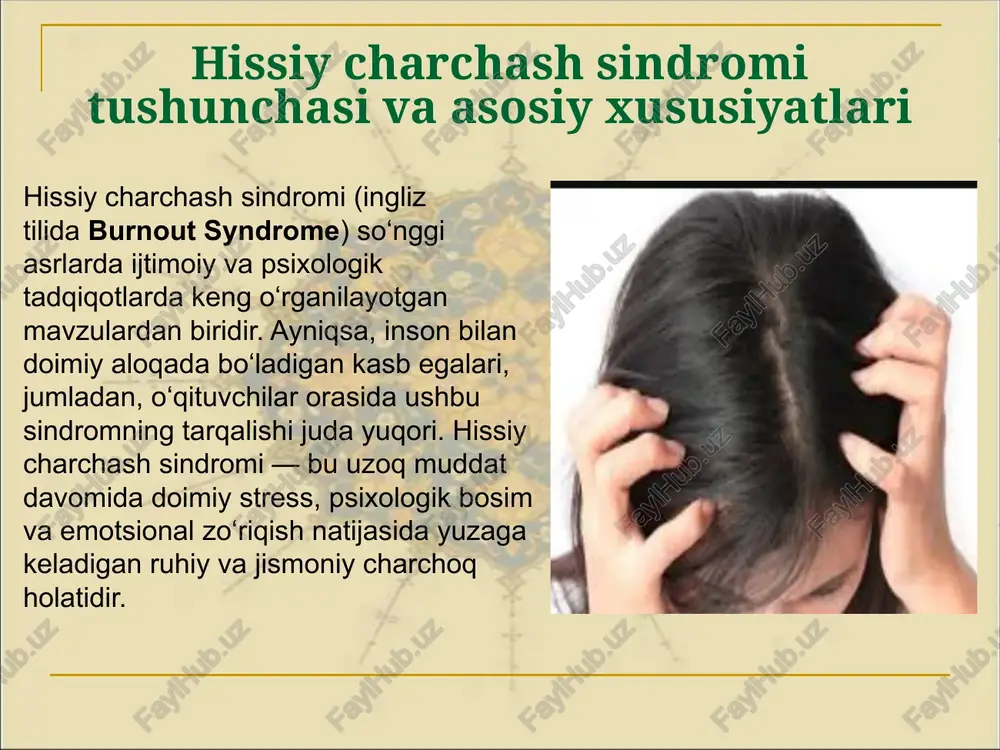 da ular hissiy charchash sindromiga ko‘proq moyil bo‘ladi. b) kasbiy mahorat va malaka darajasi kasbiy malakasi past bo‘lgan o‘qituvchilar o‘z ishida ko‘proq qiyinchiliklarga duch keladi, bu esa stressni kuchaytiradi. shuningdek, o‘z ishiga bo‘lgan ishonch pastligi ham hissiy charchash sindromining rivojlanishiga olib keladi. c) stressni boshqarish qobiliyati stressga qarshi samarali kurashish usullarini bilmaslik va qo‘llay olmaslik ham hissiy charchashni keltirib chiqaradi. psixologik yordam va o‘z-o‘zini boshqarish ko‘nikmalarining yetishmasligi o‘qituvchilarda sindromning paydo bo‘lishiga turtki bo‘ladi. ijtimoiy-madaniy omillar a) jamiyat va ota-onalarning ta’limga bo‘lgan munosabati ba’zan jamiyatda o‘qituvchilarning kasbiga nisbatan hurmat yetarli emasligi, ota-onalarning talabalarning o‘qituvchilarga bo‘lgan munosabatini yomonlashtiruvchi holatlar mavjudligi o‘qituvchilarda hissiy zo‘riqishga sabab bo‘ladi. bunday muhitda hissiy charchash sindromining yuzaga kelish xavfi oshadi. b) kasb obro‘sining kamayishi agar o‘qituvchilar kasbining jamiyatdagi obro‘si pasaygan bo‘lsa, bu o‘z-o‘ziga bo‘lgan ishonch va motivatsiyani susaytiradi. o‘qituvchilar o‘z kasbidan qoniqish hosil qilmasligi hissiy charchashni yanada kuchaytiradi. tashkiliy omillar a) rahbarlik siyosati va qo‘llab-quvvatlash tizimi maktab yoki …