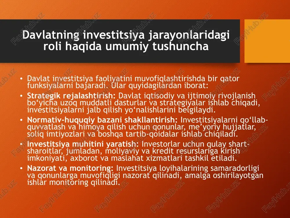 titsiya jarayonining samaradorligini oshirish, korrupsiya va moliyaviy suiiste’mollarning oldini olishga xizmat qiladi. o‘zbekiston respublikasining investitsiyalarni rivojlantirish agentligi va boshqa maxsus tashkilotlar ushbu jarayonda muhim rol o‘ynaydi. davlat organlari va idoralarning roli o‘zbekistonda investitsiya faoliyatini muvofiqlashtirishda bir nechta davlat organlari faoliyat yuritadi. ulardan eng muhimlari quyidagilar: investitsiyalar bo‘yicha davlat qo‘mitasi (yoki agentligi): bu organ investitsiya siyosatini ishlab chiqadi, loyihalarni muvofiqlashtiradi va investorlar bilan ish olib boradi. savdo-sanoat palatasi: mahalliy va xorijiy biznes vakillari o‘rtasida ko‘prik vazifasini bajaradi, maslahat xizmatlari ko‘rsatadi. moliya vazirligi va markaziy bank: investitsiya loyihalariga moliyaviy resurslar ta’minoti va soliq siyosatini amalga oshirishda ishtirok etadi. hududiy hokimliklar: mintaqaviy investitsiya siyosatini amalga oshiradi, hududlarda investitsiya muhitini yaxshilash ustida ishlaydi. xulosa o‘zbekistonda investitsiya faoliyatini muvofiqlashtirishda davlatning roli iqtisodiyotni rivojlantirish, yangi ish o‘rinlarini yaratish hamda mamlakatning raqobatbardoshligini oshirishda juda muhimdir. davlat tomonidan ishlab chiqilgan qonunlar, normativ-huquqiy hujjatlar, investitsiyalarni jalb qilish bo‘yicha strategiyalar va dasturlar investitsiya muhitini yaxshilashga xizmat qiladi. shuningdek, davlat organlari …