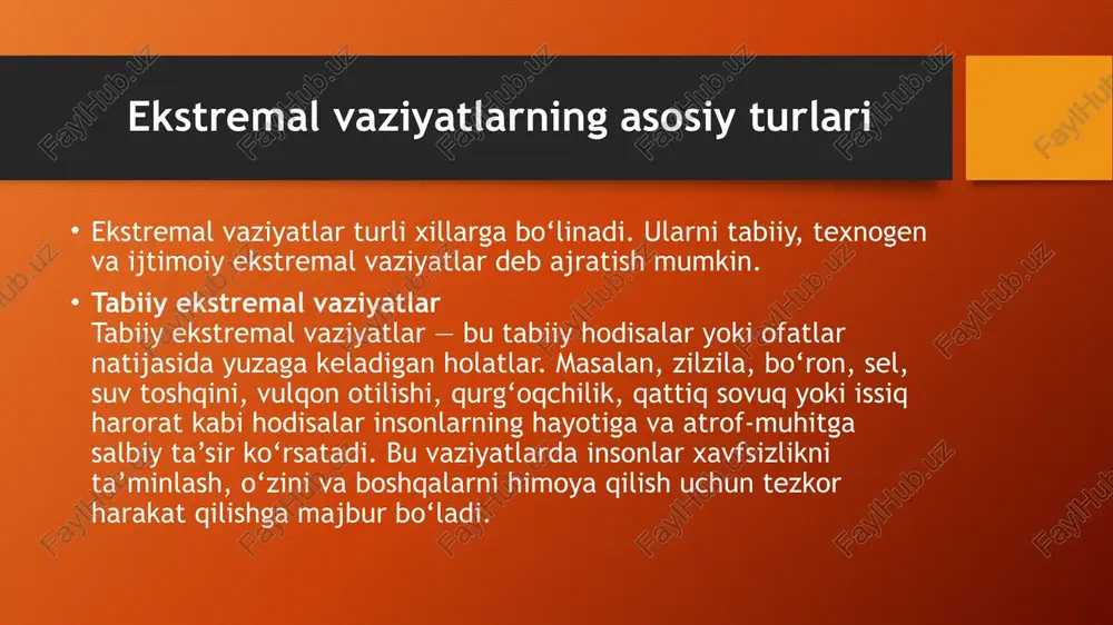 talikni his qilishadi. organizmning stressga javob berish mexanizmlari ekstremal vaziyatlarda organizm stress holatiga kiradi. stress — bu tashqi yoki ichki tahdidga javoban organizmning umumiy adaptatsion reaktsiyasi. stressga javob berish mexanizmlari quyidagicha ishlaydi: gipotalamus-gipofiz-adrenal tizim (gans) — bu tizim stressga javob berishda asosiy rol o‘ynaydi. ekstremal vaziyatda gipotalamus markaziy nerv tizimiga signal yuboradi, bu esa gipofiz va adrenal bezlarni faollashtiradi. natijada, kortizol gormoni chiqariladi, u organizmni yuqori stress holatiga tayyorlaydi, energiya zaxiralarini oshiradi va immun javobini boshqaradi. simpatik nerv tizimi faollashuvi — organizmni “kurash yoki qochish” rejimiga o‘tkazadi. yurak urishi tezlashadi, qon bosimi ko‘tariladi, nafas olish tezlashadi, qon oqimi mushaklarga ko‘proq yo‘naltiriladi. gormonal o‘zgarishlar — kortizol va adrenalin kabi gormonlar organizmni favqulodda vaziyatga tayyorlaydi, shuningdek, metabolizmni faollashtiradi. adaptatsiyaning bosqichlari adaptatsiya jarayoni bir necha bosqichda kechadi: alarm bosqichi (signal bosqichi) organizm g‘ayritabiiy vaziyatni sezadi va “kurash yoki qochish” javobini ishga tushiradi. bu bosqichda gipotalamus-gipofiz-adrenal tizim faollashadi, stress gormonlari chiqariladi. bu holat qisqa …