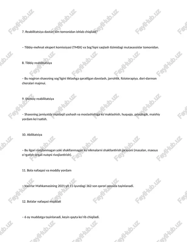 harchash. 35. zoʻravonlik qurbonida muammolar – psixologik travma, ishonchsizlik, qoʻrquv, sogʻliq muammolari. 36. shoshilinch xizmatlar holatlari – hayotiga xavf tugʻilganda, zoʻravonlikka uchraganda, qarovsiz qolganida. 37. monitoringda eʼtibor beriladi – muammo hal boʻlganmi, xizmatlar toʻgʻri ishlayaptimi, mijoz rozimi. 38. xatar darajalari – past, oʻrta, yuqori. 39. baholash usullari – suhbat, hujjatlarni koʻrish, uyga tashrif, qoʻshnilar bilan suhbat. 40. monitoring muddatlari – past (6 oyda 1 marta), oʻrta (3 oyda 1 marta), yuqori (oyma-oy). 41. ijtimoiy xizmat – muhtoj shaxsga ko‘mak berish, huquqlarini himoya qilish faoliyati. 42. kasbiy kuyish sindromi – uzoq davomli stress natijasida mutaxassisning ishlash qobiliyati pasayishi. 43. hissiy kuyish – ruhiy charchoq, depressiv holatlar, hissiy befarqlik. 44. keys-menejment – mijozning muammolarini bosqichma-bosqich hal qilish, xizmatlarni muvofiqlashtirish jarayoni. 45. ijtimoiy aralashuv – muammoga faol ta’sir qilish, xizmatlarni safarbar etish. 46. keys-konferensiya – mutaxassislar yig‘ilib, muayyan mijoz ishi bo‘yicha birgalikda qaror chiqarishi. 47. keys-menejer malaka standartlari – 5 ta standart (nazariy …