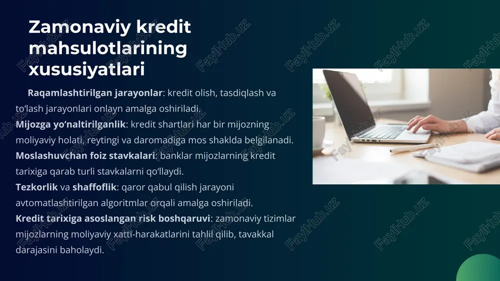 sin, click, anorbank, tbc bank) orqali onlayn kreditlar soni keskin ortmoqda. “aqlli kredit tizimlari” (scoring) joriy etilib, qaror qabul qilish vaqti bir necha soatgacha qisqargan. o‘zbekistonda so‘nggi yillarda bank tizimida keng ko‘lamli islohotlar olib borilmoqda. xususan: ushbu o‘zgarishlar mamlakat iqtisodiyotini modernizatsiya qilish, aholining moliyaviy savodxonligini oshirish va investitsiya muhitini yaxshilashga xizmat qilmoqda. muammolar va rivojlanish istiqbollari muammolar: ba’zi banklarda raqamli xavfsizlik tizimining sustligi; kredit foiz stavkalarining yuqoriligi; qishloq joylarda moliyaviy xizmatlarning yetarli emasligi; aholining kredit madaniyati pastligi. istiqbollar: fintech kompaniyalari bilan hamkorlikni kengaytirish; kredit tarixlari milliy bazasini to‘liq avtomatlashtirish; “yashil kreditlar” (eko-loyihalar uchun kreditlar) tizimini joriy etish; sun’iy intellekt asosidagi tavakkal baholash tizimlarini rivojlantirish. zamonaviy kredit mahsulotlari iqtisodiyotning har bir qatlamiga kirib borib, investitsiyalarni rag‘batlantiradi, tadbirkorlikni qo‘llab-quvvatlaydi, aholi farovonligini oshiradi. shu bilan birga, ularning rivoji raqamli texnologiyalar, moliyaviy barqarorlik va davlat siyosatining uyg‘unlashuviga bog‘liq. o‘zbekiston tajribasi shuni ko‘rsatadiki, kredit tizimini modernizatsiya qilish orqali nafaqat bank sektorining foydasi, balki butun iqtisodiyotning …