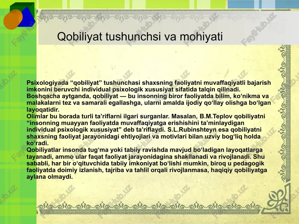 ari lozim. foydalanilgan adabiyotlar karimova v.m. pedagogik psixologiya. – toshkent: fan, 2018. g‘oziev e.g‘. umumiy psixologiya. – toshkent: o‘zbekiston, 2019. to‘raqulova d. pedagogik mahorat. – toshkent: tdpu nashriyoti, 2020. jalolova n. pedagogik qobiliyat va o‘qituvchi shaxsi. – samarqand, 2021. hasanboyeva o., abduqodirov a. pedagogika asoslari. – toshkent: yangi asr avlodi, 2022. qodirov s. o‘qituvchilik faoliyatining psixologik asoslari. – toshkent, 2017. rasulova m. pedagogik faoliyatda qobiliyat va mahorat. – toshkent, 2019. image5.png image6.jpeg image7.gif image8.gif image9.gif image1.jpeg image2.png image4.jpeg /docprops/thumbnail.jpeg