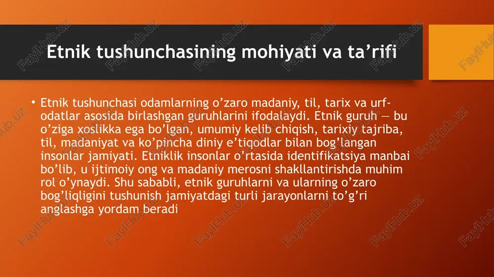 rish uchun maxsus siyosatlar ishlab chiqiladi etnik o’zaro bog’liqlik tushunchasi va uning turlari etnik o’zaro bog’liqlik deganda turli etnik guruhlar orasida yuzaga keladigan ijtimoiy, madaniy, iqtisodiy va siyosiy munosabatlar tushuniladi. bu munosabatlar shakli va mazmuni turlicha bo’lishi mumkin — ular hamkorlikdan tortib tortishuv va ziddiyatlargacha cho’zilib ketadi. etnik o’zaro bog’liqlik jarayoni har doim dinamik bo’lib, vaqt o’tishi bilan o’zgarib, yangi shakllar va ko’rinishlar kasb etadi. nazariy jihatdan etnik o’zaro bog’liqlikning bir nechta turlari mavjud: integratsiya — etnik guruhlar o’rtasida hamjihatlik va birdamlik holatining shakllanishi. bu jarayonda turli etnik guruhlar o’zaro madaniy, iqtisodiy va siyosiy sohalarda yaqinlashadi, o’zaro hurmat va ishonch asosida munosabatlar o’rnatadi. assimilyatsiya — kichik etnik guruhlarning madaniyatini yo’qotib, boshqalarining madaniyatiga singib ketishi jarayoni. bu ko’pincha dominant guruh madaniyati ta’siri ostida yuzaga keladi. etnik integratsiya, assimilyatsiya va akulturatsiya jarayonlari etnik integratsiya integratsiya — bu turli etnik guruhlar o’rtasida hamkorlik va birlashish jarayonidir. bu jarayon madaniy almashinuv, siyosiy hamkorlik, iqtisodiy …