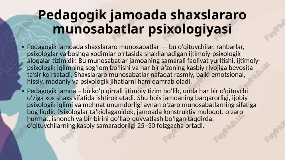 anish jarayonidan iborat. ushbu bosqichda rahbar vazifalar bilan jamoani tanishtiradi, majburiyatlarni taqsimlaydi, ish rejimini belgilaydi, vazifalarni bajarishni tashkillashtiradi. mazkur bosqichda rahbar o‘z buyruqlarining bajarilishi ustidan nazoratga alohida e’tiborni qaratishi lozim. bu kelgusida ishlarni bajarshpda aniqlikni ta’minlaydi. shunday qilib, pedagogik jamoa rivojlanishining mazkur bosqichida qat’iy, shu jumladan axloqiy talablar faqat rahbar tomonidan qo‘yiladi. ikkinchi bosqichda pedagogik jamoada shaxsiy xususiyatlar va qiziqishlarga muvofiq kichik guruhlar shakllanadi. axloqiy tarbiya - bu bolalarni insoniyat va muayyan jamiyatning axloqiy qadriyatlari bilan tanishtirishning maqsadli jarayoni. bilimlar asosida bolada axloqiy sifatning (masalan, mehr-oqibat) mohiyati haqida tasavvurlar shakllanadi. bolada axloqiy sifatni (motivlarni) egallash istagi paydo bo'lishi kerak. sifatga (ijtimoiy tuyg'ularga) munosabat shakllanishi kerak. bilim va his-tuyg'ular ularni amaliy amalga oshirish (xulqatvori) zaruriyatini keltirib chiqaradi. mexanizmning har bir komponenti muhim va uni istisno qilib bo'lmaydi. bolalarda axloqiy tarbiyaning quyidagi yo'nalishlari ajralib turadi. 1. insonparvarlik tuyg'ulari va munosabatlarini tarbiyalash. insonparvarlik - insonning axloqiy tarbiyasining o'zagi va ko'rsatkichi, uning odamlarga, tabiatga, …