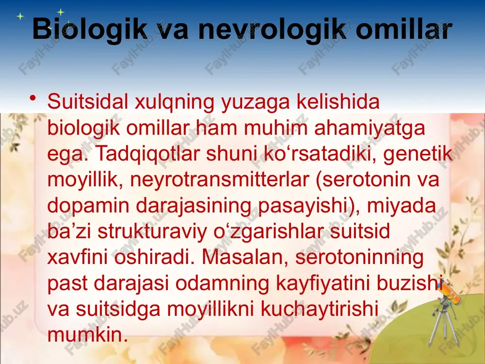 ingdek, perfektsionizm yoki o‘zidan yuqori talablar qo‘yish ham ruhiy bosimni oshirib, suitsidal fikrlarning paydo bo‘lishiga sabab bo‘lishi mumkin. suitsidal fikrlar va ularning rivojlanish bosqichlari suitsidal fikrlar odatda bosqichma-bosqich rivojlanadi. dastlab odam hayotidagi qiyinchiliklarga duch keladi, keyinchalik umidsizlik va ruhiy azob kuchayadi. bosqichlar quyidagicha bo‘lishi mumkin: norozilik va bezovtalik: shaxs o‘z hayotidagi muammolarni sezadi, lekin hali ularga qarshi kurashishga tayyor. umidsizlik: qiyinchiliklarni yengish umidi yo‘qoladi, shaxs kelajakka nisbatan pessimist qarashlarga ega bo‘ladi. suitsidal fikrlarning paydo bo‘lishi: o‘z joniga qasd qilish fikrlari boshlanadi, lekin ular hali kuchli emas va ko‘pincha yashiriladi. suitsidal rejalashtirish: suitsid rejalari tuzila boshlaydi, shaxs qaysi yo‘l bilan o‘z joniga qasd qilishni o‘ylaydi. suitsidal harakatlar: oxir-oqibat, shaxs intihorga urinishlarni amalga oshiradi. suitsidal harakatlar va ularning oldini olish suitsidal harakatlarni oldini olish uchun birinchi navbatda xavfni aniqlash muhimdir. buning uchun psixologlar va shifokorlar quyidagi omillarga e’tibor qaratadilar: suitsidal fikrlarning mavjudligi va ularning davomiyligi oldingi suitsidal urinishlar tarixi psixiatrik kasalliklar va …
