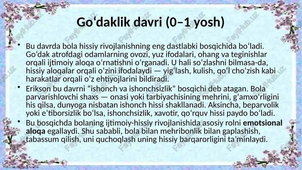 aktab ta’limiga psixologik tayyorlik holatiga yetadi, ya’ni u o‘z hislarini boshqaradi, jamoada ishlashni, boshqalarni tinglashni o‘rganadi bolalarni ijtimoiy-hissiy rivojlanishi “maktabgacha yoshdagi bolalar rivojlanishiga qo‘yiladigan davlat talablari” asosida ishlab chiqilgan “ilk qadam” dasturida ijtimoiy-hissiy rivojlanish yo‘nalishida kattalar va tengdoshlari bilan muloqotchanlikni shakllantirishga alohida e’tibor qaratilgan. har qaysi yosh guruhiga tegishli bolalarni ijtimoiy munosabatlarga kirishishga qaratilgan ta’lim-tarbiyaviy vazifalar berilgan. “men” konsepsiyasi” (inglizcha self-concept) – insonning o’zi haqidagi tasavvurlarining rivojlanib boruvchi tizimi, uning tarkibiga: a) o’zining jismoniy, intelektual, xarakterologik, ijtimoiy va boshqa xususiyatlarini idrok qilish; b) o’z-o’ziga baho berish; v) shaxsiyatga tasir o’tkazuvchi tashqi omillarni subyektiv idrok etish kiradi. “men” konsepsiyasi kognitiv qism emotsional-qadriyatlar axloqiy fe’l-atvor qismini “men” konsepsiyasini ko’pincha yo’naltirilgan tushunchalar sifatida aniqlanadi, uning ichida uchta tarkibiy qismlarni ajratadi; kognitiv qism – “men” qiyofam (ingl. self-image), o’z ichiga shaxsning o’zi haqida taassurotni qamrab oladi emotsional-qadriyatlar (affektiv) –o’ziga shaxs sifatida, o’z faoliyatiga bo’lgan munosabati. axloqiy fe’l-atvor qismi, bu kognitiv va baholash qismlarining fe’l-atvorida …
