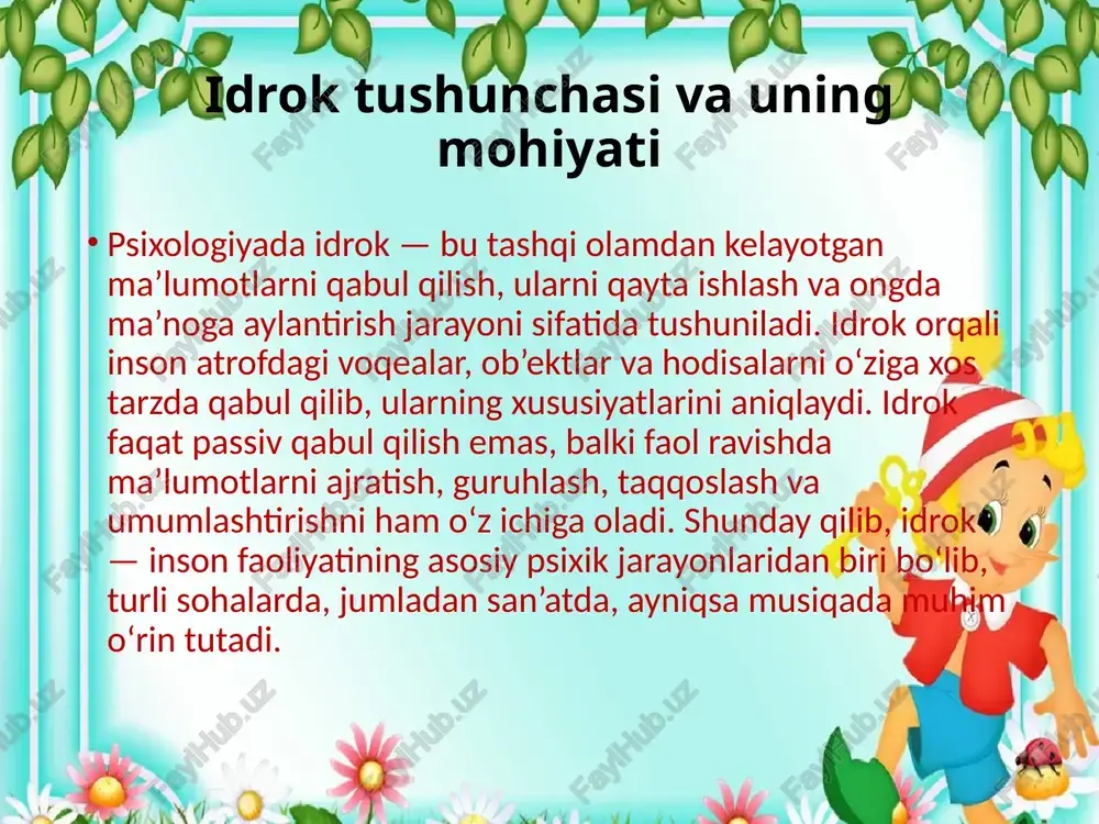 a madaniyatini shakllantirish, ularning hissiy va aqliy rivojlanishini ta’minlashdir. musiqa mashg‘ulotlarida idrok jarayoni musiqa mashg‘ulotlarida idrok jarayoni — bu musiqani eshitish, anglash va musiqiy elementlarni ongda qayta ishlash bosqichlarini o‘z ichiga olgan murakkab psixologik mexanizm hisoblanadi. ushbu jarayon o‘quvchilarga musiqa asarining mazmunini chuqur anglash, uni ijro etish va yaratishda muvaffaqiyatli faoliyat yuritish imkonini beradi. musiqa eshitish va idrok qilish bosqichlari musiqa idrok jarayoni bir necha bosqichlardan tashkil topadi: sezgi bosqichi musiqiy tovushlar eshitish organlari orqali qabul qilinadi. bu bosqichda tovushlar haqida ma’lumot asosan passiv ravishda keladi. biroq sezgi faolligi musiqa sifatini aniqlashda muhim rol o‘ynaydi. diqqat bosqichi sezilgan tovushlarga ongli e’tibor qaratiladi. bu bosqichda o‘quvchi musiqiy elementlarga, masalan, ritmga, ohangga, tempga e’tibor beradi. diqqat kuchayganda idrok ham aniqroq bo‘ladi. tushunish va anglash bosqichi musiqiy ma’lumotlar ongda tahlil qilinadi, ularning tarkibiy qismlari aniqlanadi. o‘quvchi musiqaning tuzilishini, uning hissiy mazmunini anglashga harakat qiladi. xotirada saqlash va yodlash bosqichi o‘quvchi idrok etilgan musiqiy …