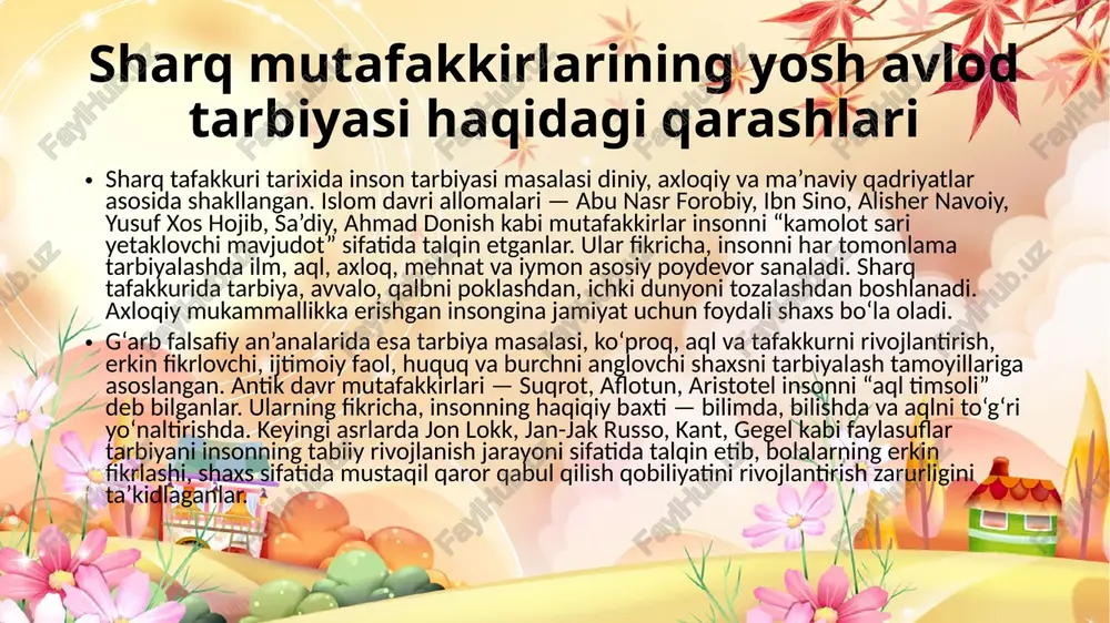 zehni o‘tkir, o‘z fikrini tushuntira oladigan notiq, bilim-ma’rifatga havasli, taom yeyishda, ichimlikda, ayollarga yaqinlik qilishda ochofat emas, aksincha, o‘zini tiya oladiga bo‘lishi (qimor yoki boshqa o‘yinlardan) zavq, huzur olishdan uzoq bo‘lishi, haq va haqiqatni, odil va haqgo‘y odamlarni sevadigan, yolg’onni va yolg’onchilarni yomon ko‘radigan, o‘z qadrini biluvchi va oriyatli bo‘lishi, mol dunyo ketidan quvmaydigan, adolatparvar, qatiyatli, sabotli, jur’atli, jasur bo‘lishi muhimligini qayd etadi. ibn sino (980 - 1037) pedagogika masalalariga ijodiy yondashgan. u bola tabiatini nafaqat tabib, balki yetuk pedagog sifatida ham chuqur bilishini namoyon qilgan. olimning bolalarga ta’lim va tarbiya berish haqidagi ko‘plab fikrlari o‘zining chuqurligi, insonparvarlik ruhi bilan yo‘g’rilganligi va tarbiyadek murakkab muammoni to‘g’ri talqin qilishi bilan kishini lol qoldiradi. ibn sino taklif qilgan tarbiya va ta’lim mazmuni aqliy tarbiya, jismoniy sog’lomlashtirish, estetik tarbiya, axloqiy tarbiya va hunar o‘rgatishni o‘z ichiga oladi. abdulla avloniy (1878-1934) - jamoat va siyosat arbobi, shoir hamda pedagog bo‘lib, abdulla avloniyning yosh avlodga …