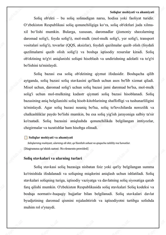 ni shakllantirishning asosiy manbai bo'lib, iqtisodiy o'sishni rag'batlantirish, ijtimoiy tengsizlikni kamaytirish va infratuzilmani rivojlantirish uchun muhim ahamiyatga ega. soliqlar davlat tomonidan majburiy tartibda undiriladi va ular qaytarilmaydi. soliq to'lovchilardan yig'ilgan mablag'lar umumiy davlat ehtiyojlari uchun sarflanadi. soliq bazasi - soliq stavkasini qo'llash uchun asos bo'ladigan, pulda ifodalangan yoki natural ko'rsatkichlar (masalan, yer maydoni, avtomobil quvvati). byudjet sohasidagi xarajatlarni moliyalashtirish (ta'lim, sog'liqni saqlash, mudofaa), ijtimoiy dasturlarni amalga oshirish, infratuzilma loyihalarini moliyalashtirish. soliq siyosati iqtisodiy faollikni rag'batlantirish, investitsiyalarni jalb qilish va innovatsiyalarni qo'llab-quvvatlash uchun soliq imtiyozlari va preferentsiyalarini o'z ichiga oladi. soliqlar adolatli va teng bo'lishi kerak. har bir soliq to'lovchi o'zining to'lov qobiliyatiga qarab soliq to'lashi kerak. soliq solinadigan baza soliq ob'ektining qiymatiga, hajmiga yoki boshqa xususiyatlariga bog'liq ravishda belgilanadi. atrof-muhitni muhofaza qilish sohasidagi xarajatlarni moliyalashtirish (ekologik soliqlar), transport infratuzilmasini yaxshilash (yo'l solig'i), tadbirkorlikni qo'llab-quvvatlash (soliq imtiyozlari). soliqlar iqtisodiyotga bevosita ta'sir ko'rsatadi, chunki ular narxlarni, ishlab chiqarishni va iste'molni o'zgartirishi mumkin. …