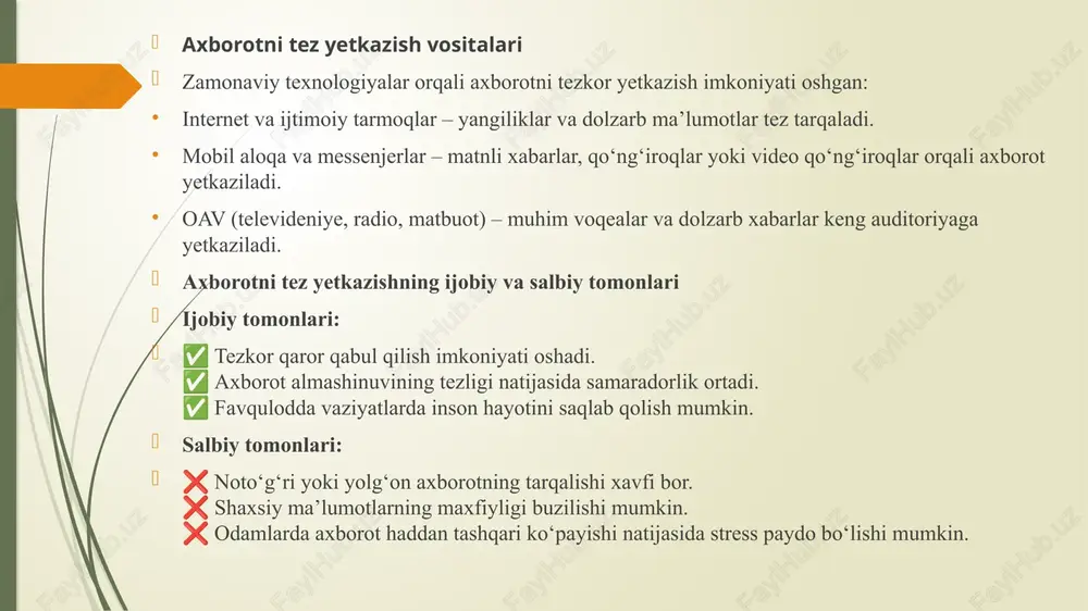 lashtirilgan radioeshittirishlar – robot diktorlar yangiliklarni o‘qiydi, sun’iy intellekt tinglovchilarga mos kontent tanlaydi. personalizatsiya qilingan televideniya – ai foydalanuvchi qiziqishlarini tahlil qilib, unga mos ko‘rsatuv va dasturlarni tavsiya qiladi. 2. raqamli platformalarga integratsiya 📡 iptv va ott xizmatlari – an’anaviy televideniya o‘rnini internet orqali ishlaydigan telekanallar egallaydi (netflix, youtube tv, hulu). 📻 podkast va striming xizmatlari – radiostansiyalar onlayn formatga o‘tib, striming va podkast xizmatlarini kengaytiradi. 📱 mobil ilovalar orqali eshittirishlar – televizor yoki radioprimnik o‘rniga odamlar mobil qurilmalar orqali kontent iste’mol qilishadi. 3. 5g va yuqori tezlikdagi internet texnologiyalari ⚡ 5g orqali yuqori sifatli efirlar – 8k va hatto 16k formatdagi video translatsiyalarni real vaqt rejimida uzatish imkoniyati. 🌍 global qamrov va sun’iy yo‘ldosh texnologiyalari – butun dunyo bo‘ylab uzluksiz axborot yetkazish tizimi yaratish. 4. interaktiv va immersiv media 🌐 virtual va kengaytirilgan reallik (vr/ar) – tomoshabinlar real vaqt rejimida virtual jurnalistlar bilan suhbat qurish yoki voqealarni bevosita "ichida" …