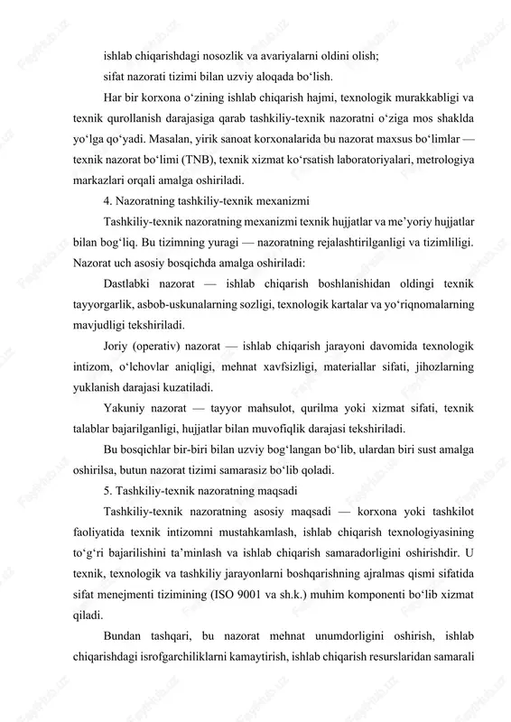 kabi sohalarni yagona tizimda uyg‘unlashtiradi. shu bois, uni faqat “tekshirish mexanizmi” sifatida emas, balki barqaror va samarali boshqaruv tizimini shakllantiruvchi strategik vosita sifatida baholash lozim. tashkiliy-texnik nazoratning shakllari va amalga oshirish bosqichlari tashkiliy-texnik nazorat — bu ishlab chiqarish, xizmat ko‘rsatish, qurilish, energetika, ta’lim, transport va boshqa tarmoqlarda faoliyat yurituvchi tashkilotlarda texnik jarayonlarning to‘g‘riligini, mehnat intizomining saqlanishini, ishlab chiqarish qurollari va uskunalarning sozligini, texnologik jarayonlarning me’yoriy hujjatlarga muvofiqligini ta’minlash maqsadida olib boriladigan nazorat turidir. bu nazorat shakli boshqaruv tizimining ajralmas bo‘g‘ini bo‘lib, u tashkilotning barqaror faoliyat yuritishini, ishlab chiqarish samaradorligini va xavfsizlikni ta’minlashda muhim rol o‘ynaydi. zamonaviy boshqaruvda tashkiliy-texnik nazorat faqat tekshiruv mexanizmi emas, balki ishlab chiqarishdagi uzluksizlikni, texnik intizomni va mehnat unumdorligini oshirishning asosiy omili sifatida qaraladi. shu bois, uning shakllari, bosqichlari va metodik yondashuvlari aniq belgilangan bo‘lishi zarur. tashkiliy-texnik nazorat bir necha shakllarda amalga oshiriladi. har bir shaklning o‘ziga xos xususiyatlari, maqsadi va qo‘llanilish sohasi mavjud. ularning barchasi korxona …