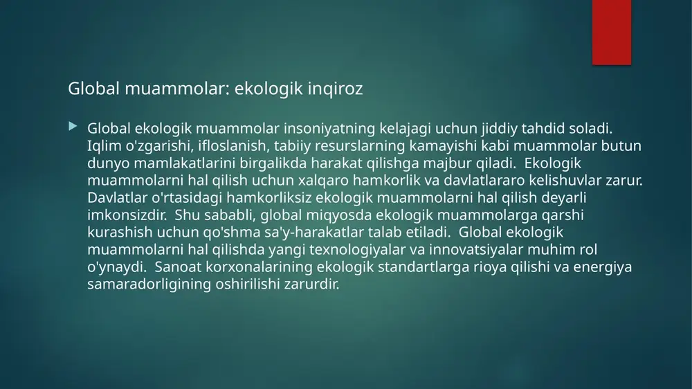 ddiyatlarni keltirib chiqarishi mumkin. ijtimoiy adolatsizlik va tengsizlik globallashuvning salbiy oqibatlaridan biri hisoblanadi. ijtimoiy muammolarni hal qilish uchun ijtimoiy siyosatning rivojlanishi va ijtimoiy himoya tizimining takomillashtirilishi zarurdir. globallashuvning ijtimoiy oqibatlari globallashuv milliy identifikatsiyaga ham ta'sir ko'rsatadi. global madaniyatning tarqalishi milliy madaniyatlarga tahdid solishi mumkin. milliy identifikatsiyani saqlab qolish va milliy madaniyatni rivojlantirish muhimdir. milliy identifikatsiyani globalizatsiya sharoitida saqlab qolish uchun milliy madaniyatni targ'ib qilish va milliy qadriyatlarni himoya qilish kerak. milliy til va adabiyotni rivojlantirish ham muhim ahamiyatga ega. milliy identifikatsiyani saqlab qolish bilan birga, global jamiyatga integratsiyalashish ham zarurdir. globallashuv va milliy identifikatsiya globallashuv inson huquqlariga ta'sir ko'rsatadi. globalizatsiya inson huquqlarini himoya qilishga yordam beradi. xalqaro huquq va xalqaro tashkilotlar inson huquqlarini himoya qilishda muhim rol o'ynaydi. globallashuv sharoitida inson huquqlarini himoya qilishni mustahkamlash uchun xalqaro hamkorlik va global standartlar zarurdir. inson huquqlari buzilishiga qarshi kurashish va inson huquqlarini himoya qilish mexanizmlarini takomillashtirish muhimdir. inson huquqlarini himoya qilishda fuqarolik …