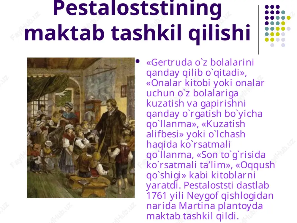 ga chiqarishga yordam beradi. pestaloststi didaktikasi pestaloststi didaktikasida ta’lim elementar nazariyasi asosiy o`rin egallaydi. bu ta’limotga ko`ra, tarbiyalash eng oddiy elementlardan boshlanib asta-sekin murakkablashtirishdir. elementar tarbiyaning bosh masalasi bolani jismoniy jihatdan tarbiyalashdir. uning fikricha: «hayot... etilgan jismoniy nihollarning uygonishidan boshqa narsa emas, bu nixollar endi o`zining butun kuchi bilan, uzining hamma navlari bilan usishga va kamolotga etishga intiladi va insonga aylanishi lozim bo`lgan jonivorning uygonishidan boshqa narsa emas». shuning uchun kundalik bolaning jismoniy kuchlarini mashq qildirish va rivojlantirish muhimdir. pestaloststining axloqiy tarbiyaga oid qarashlari onani sevgan bola insonlarni sevadi, insonlaryi sevgan bola vataini sevadi. pestaloststi axloqiy tarbiyaning eng oddiy masalasi insonga muhabbatdir, bu muhabbat oiladan boshlaiadi. «ota-onaning uyi axloq, maktabidir», degan edi. pestaloststining fikricha, har bir fazilat tutrisidagi gaplardan ko`ra shu fazilatlarni jonli ravishda sezdirish bolalarning xissiyotlarga chuqur ta’sir ko`rsatib, ularning axloqiy mayllarini o`stiradi. bolalarning axloqiy kuchlarini maktabda davom ettirish lozimdir. pestaloststi axloqiy tarbiyani din bilan chlmbarchas bog`laydi va bu …