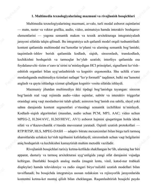 sion va rejissyorlik jarayonlarida kontentni ketma-ket montaj qilish bilan cheklangan. raqamlashtirish bosqichi paydo bo‘lgach, cd-rom va dvd tashuvchilarda o‘rnatilgan interaktiv menyular, 640×480 va 720×576 piksellik video formatlari hamda dastlabki kodeklar multimediya qo‘llanmalari, ensiklopediyalar va o‘quv disklarining ommalashuviga zamin yaratdi; shu bilan birga, grafik–audio–matn komponentlari dasturiy bog‘lamlar orqali bitta paketga jamlana boshladi. veb 1.0 va 2.0 trabeksiyasi bilan multimediya brauzer muhitiga ko‘chdi. dastlab plaginlarga tayanuvchi texnologiyalar (macromedia/adobe flash, silverlight) interaktiv animatsiya va o‘yinlarni ommalashtirdi, biroq xavfsizlik, resurs iste’moli va moslik muammolari ularning hayotiy siklini chekladi. html5 standarti, va teglarining joriy etilishi, canvas/webgl kabi api’lar, shuningdek, javascript asosidagi media kutubxonalar plaginlarsiz veb-multimediya arxitekturasini normaga aylantirdi. shu davrda kontentni yetkazib berish tarmoqlari (cdn), kesh strategiyalari va adaptiv oqimlar global auditoriyaga xizmat ko‘rsatish sifatini oshirdi. mobil va ijtimoiy platformalar bosqichi multimediya ekotizimiga sensorli interfeys, giroskop–akselerometrdan keluvchi kontekstual signallar, kameralar va yuqori aniqlikdagi ekranlar orqali yangi o‘lcham qo‘shdi. mobil ilovalar do‘konlari, qisqa formatli video va …