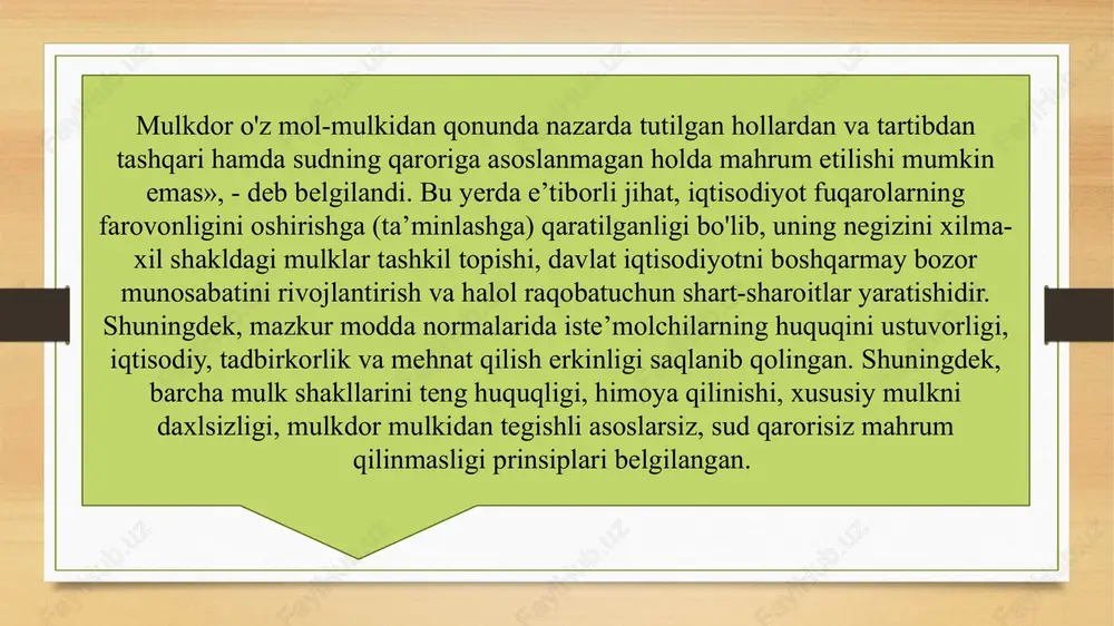 soslarga muvofiq boshqa tushumlar hisobidan vujudga keladi. respublika mulki obyektlari qonun hujjatlarida belgilab qo'yilgan tartibda va shartlar asosida xususiy mulk qilib berilishi mumkin (214-modda). qonunga asosan ommaviy (davlat) mulk respublika (umumdavlat) va munitsipal (mahalliy) mulkka bo'linadi. davlat hokimiyati mahalliy organlarining mol-mulki mahalliy byudjet mablag'lari, munitsipal uy-joy fondi va kommunal xo'jalik, korxonalar va boshqa mulkiy komplekslar xalq ta’limi, madaniyat, sog'liqni saqlash muassasalari, shuningdek, boshqa mol-mulk munitsipal mulk bo'ladi. bunday mulklarni, qonunda boshqacha tartib nazarda tutilmagan bo'lsa, mahalliy hokimiyat organlari yoki ular vakil qilgan organlar tasarruf etadi. munitsipal mulk xo'jalik yuritish yoki operativ boshqarish huquqi asosida yuridik haxslarga biriktirilib qo'yilishi mumkin. munitsipal mulk mahalliy byudjetga tushadigan soliqlar, yig'imlar va boshqa to'lovlardan, shuningdek, qonun hujjatlarida nazarda tutilgan boshqa asoslarga muvofiq tushumlar hisobiga vujudga keladi. munitsipal mulk obyektlari qonunda belgilangan tartibda xususiy mulkka o'tkazilishi mumkin (125-modda). mulk shakllari davlat tomonidan teng muhofaza qilinadi. ular teng mavqega ega. xususiy mulkning daxlsizligi va davlat tomonidan muhofaza …