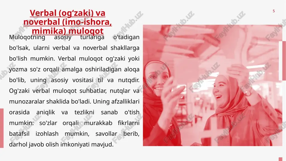 ladi. mashg‘ulotlar esa amaliy ko‘nikmalarni shakllantiradi, masalan, rol o‘yinlari orqali real vaziyatlarni simulyatsiya qilish. konfliktlarni konstruktiv hal etish esa salbiy energiyani ijobiyga aylantirishga yordam beradi, bu muloqotni yanada mustahkamlaydi. quyida ushbu yo‘llarni batafsil ko‘rib chiqamiz, chuqur tahlil va misollar bilan. 17 psixologik treninglar va mashg‘ulotlar 18 psixologik treninglar muloqot ko‘nikmalarini shakllantirishning asosiy vositasi hisoblanadi. treninglar guruhli yoki individual shaklda o‘tkaziladi va ularning maqsadi – insonning o‘zini va boshqalarni yaxshiroq tushunishiga yordam berishdir. keyingi bosqich – empatiya mashqlari: ishtirokchilar bir-birining his-tuyg‘ularini taxmin qiladi, bu emotsional to‘siqlarni kamaytiradi birinchi navbatda, treninglar o‘z-o‘zini anglashga qaratiladi: ishtirokchilar o‘z kuchli va zaif tomonlarini aniqlaydi. xulosa 19 muloqot psixologiyasi insonning ruhiy dunyosini, hissiy holatini va o‘zaro munosabatdagi xatti-harakatlarini chuqur tahlil etadi. samarali muloqot nafaqat fikr almashishni, balki o‘zaro tushunish va ishonchni ham ta’minlaydi.verbal va noverbal aloqa, empatiya, faol tinglash, ijobiy fikrlash kabi ko‘nikmalar insonning shaxsiy va kasbiy rivojida hal qiluvchi o‘ringa ega. muloqotdagi psixologik to‘siqlarni yengish …
