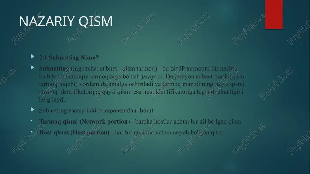 i mask: /24 + 2 = /26 (255.255.255.192) har bir subnetdagi hostlar: 2^6 - 2 = 62 host subnet intervali: 256 - 192 = 64 subnetlar: subnet 1: 192.168.10.0/26 (hostlar: .1 - .62, broadcast: .63) subnet 2: 192.168.10.64/26 (hostlar: .65 - .126, broadcast: .127) subnet 3: 192.168.10.128/26 (hostlar: .129 - .190, broadcast: .191) subnet 4: 192.168.10.192/26 (hostlar: .193 - .254, broadcast: .255) 3.3 amaliy misol 2: vlsm bilan ishlash masala: 172.16.0.0/16 tarmoqdan quyidagi bo'limlar uchun subnetlar ajrating: bo'lim a: 500 host kerak bo'lim b: 200 host kerak bo'lim c: 50 host kerak bo'lim d: 20 host kerak resheniya bo'lim a (500 host): zarur: 2^9 - 2 = 510 ≥ 500 mask: /23 (255.255.254.0) tarmoq: 172.16.0.0/23 bo'lim b (200 host): zarur: 2^8 - 2 = 254 ≥ 200 mask: /24 (255.255.255.0) tarmoq: 172.16.2.0/24 bo'lim c (50 host): zarur: 2^6 - 2 = 62 ≥ 50 mask: /26 (255.255.255.192) tarmoq: 172.16.3.0/26 bo'lim …