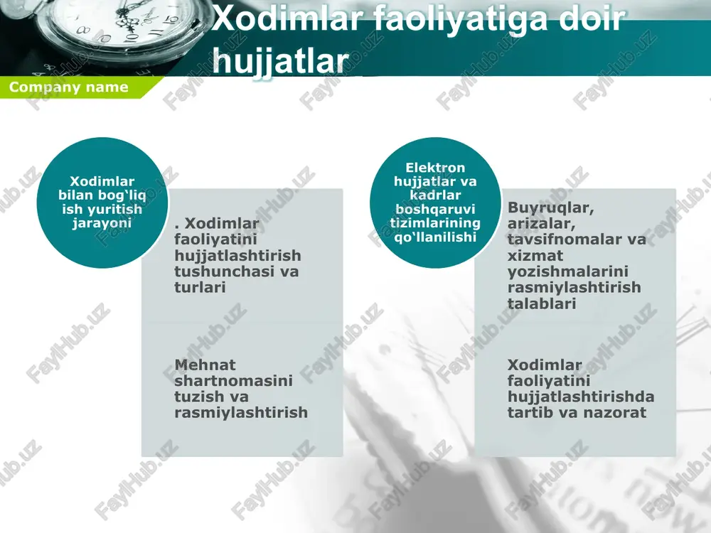 izimlarda xodimlarning shaxsiy kabinetlari yaratiladi, ularda o'z ma'lumotlarini yangilash mumkin, company name xulosa xodimlar faoliyatini hujjatlashtirishda tartib va nazoratning mavjudligi korxonaning barqaror ishlashini ta'minlaydi. to‘g‘ri saqlash va hisobga olish hujjatlarning yo‘qolishini oldini oladi, ichki audit esa qonuniylikni kafolatlaydi, samaradorlikni oshirish choralari esa vaqt va resurslarni tejaydi. ushbu yondashuvlarning barchasi bir-biriga bog‘langan: bitta bo‘g‘in zaif bo‘lsa, butun tizim zarar ko‘radi. shuning uchun rahbarlar va kadrlar bo‘limi doimiy ravishda jarayonlarni takomillashtirib borishi, yangi texnologiyalarni joriy etishi va xodimlarni o‘qitishi zarur. company name foydalanilgan adabiyotiar o’zbekiston respublikasi mehnat kodeksi (2023-yil tahriri). https://lex.uz/docs/6496539 “mehnatni muhofaza qilish to‘g‘risida”gi qonun. https://lex.uz/docs/3204260 “elektron hujjat aylanishi to‘g‘risida”gi qonun. https://lex.uz/docs/2121848 “davlat fuqarolik xizmati to‘g‘risida”gi qonun. https://lex.uz/docs/5884771 company name image3.png image4.png image5.png image6.png image1.png image2.png /docprops/thumbnail.jpeg