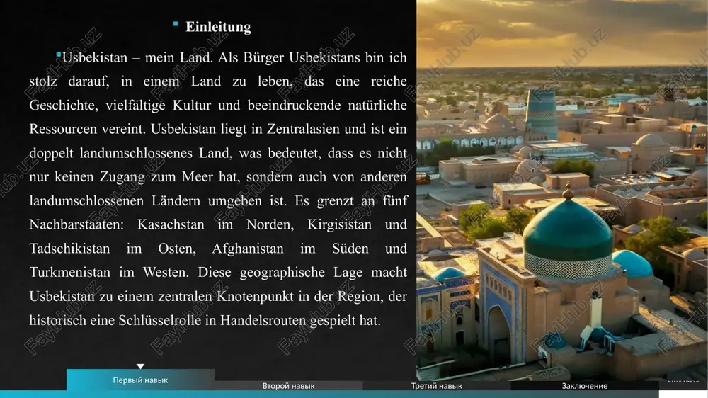 ethnisch dominiert die usbekische gruppe mit über 84 prozent, gefolgt von tadschiken (rund 5 prozent), kasachen (2 prozent), karakalpaken (2 prozent) und russen (2 prozent). kleinere minderheiten wie tataren und koreaner bereichern die kulturelle vielfalt. in regionen wie dem ferghana-tal, wo tadschiken und usbeken nebeneinander leben, entstehen gemischte gemeinschaften, die durch gemeinsame märkte und feste verbunden sind.die offizielle sprache ist usbekisch, eine turksprachige variante, die von etwa 75 prozent der bevölkerung als muttersprache gesprochen wird. sie verwendet seit 1993 das lateinische alphabet, nach einer übergangsphase vom kyrillischen. russisch dient als verkehrssprache in verwaltung, bildung und wirtschaft, besonders in städtischen bereichen, wo es von über 5 prozent als erstsprache genutzt wird. stranitsa 11 traditionen und feste usbekistan pflegt eine reiche palette an bräuchen, die auf gastfreundschaft, respekt vor älteren und gemeinschaft beruhen. in den mahallas, traditionellen vierteln, organisieren bewohner gemeinsame aktivitäten, wie das teilen von mahlzeiten oder die unterstützung bei bauvorhaben. …